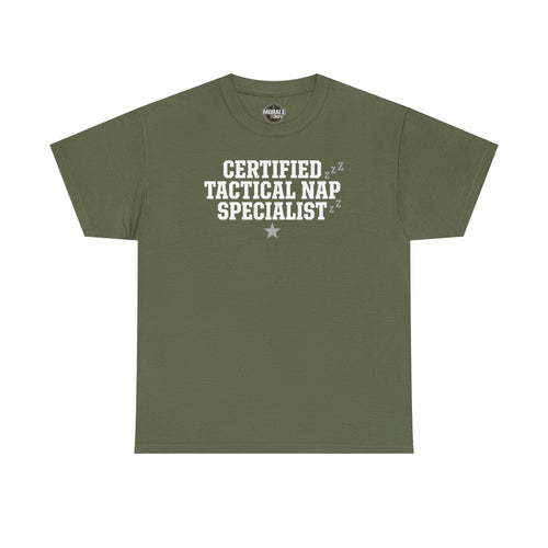 Olive green crew-neck T-shirt with “Certified Tactical Nap Specialist” text graphic and star