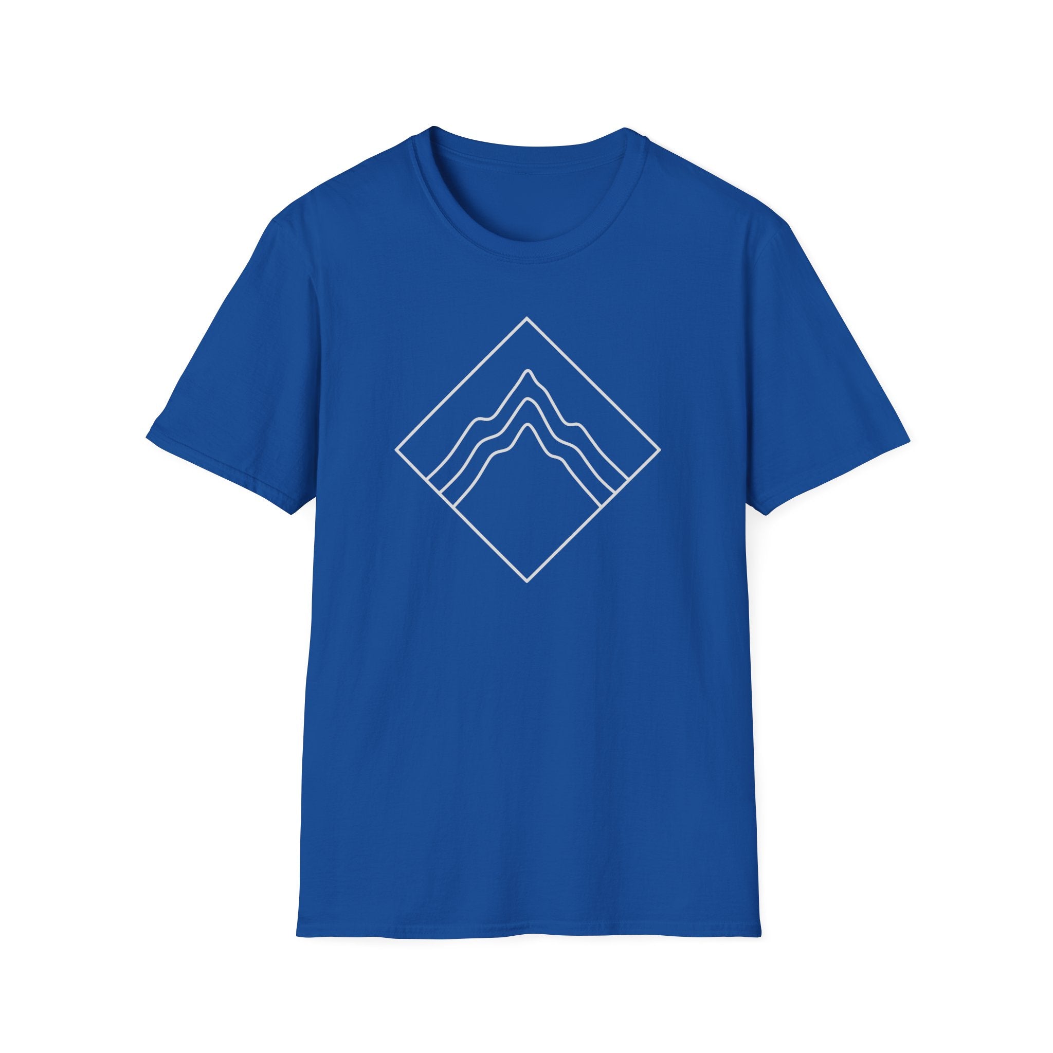 Royal blue T-shirt with diamond mountain line-art badge graphic