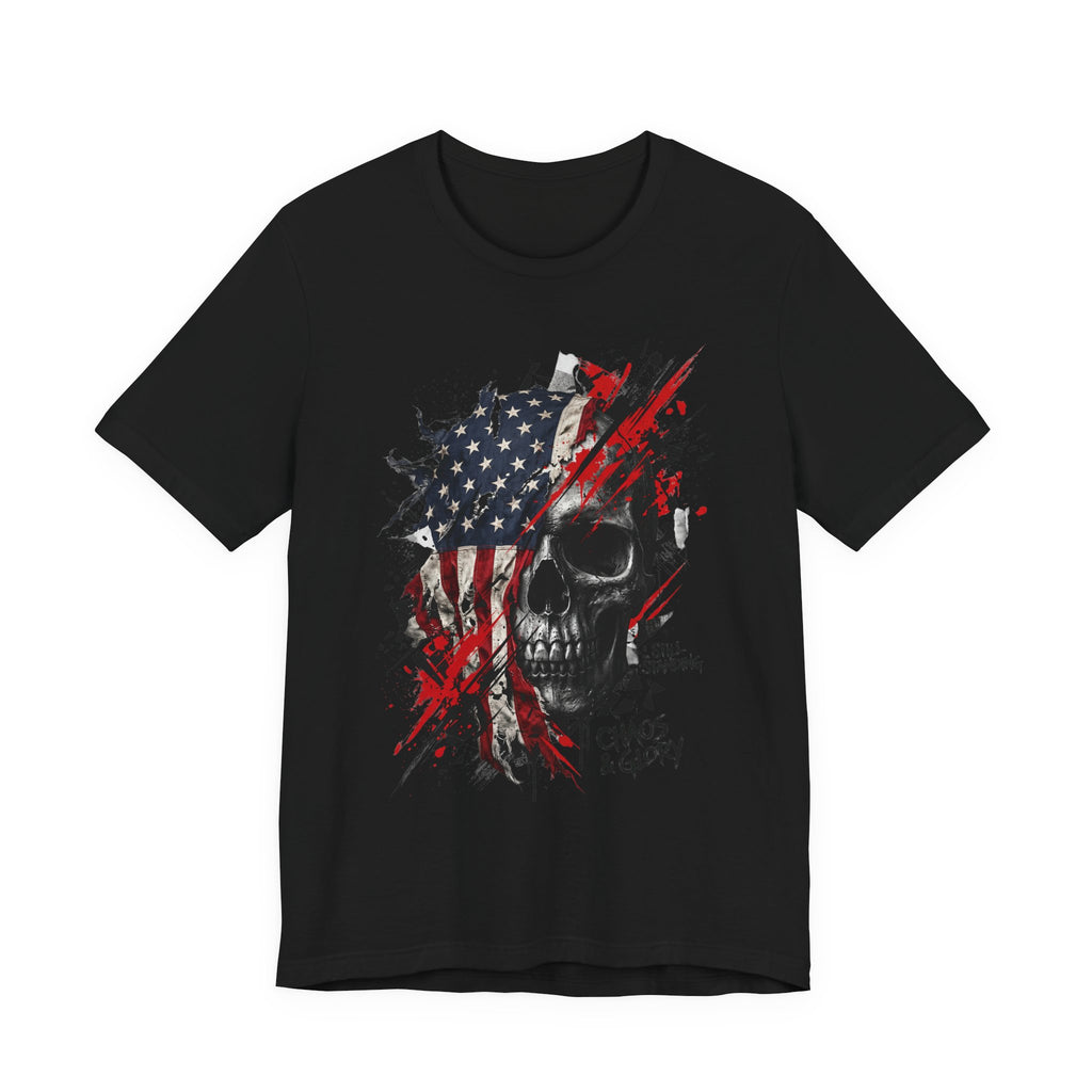 Black skull graphic T-shirt with American flag panel, red splatter, Chaos & Glory print