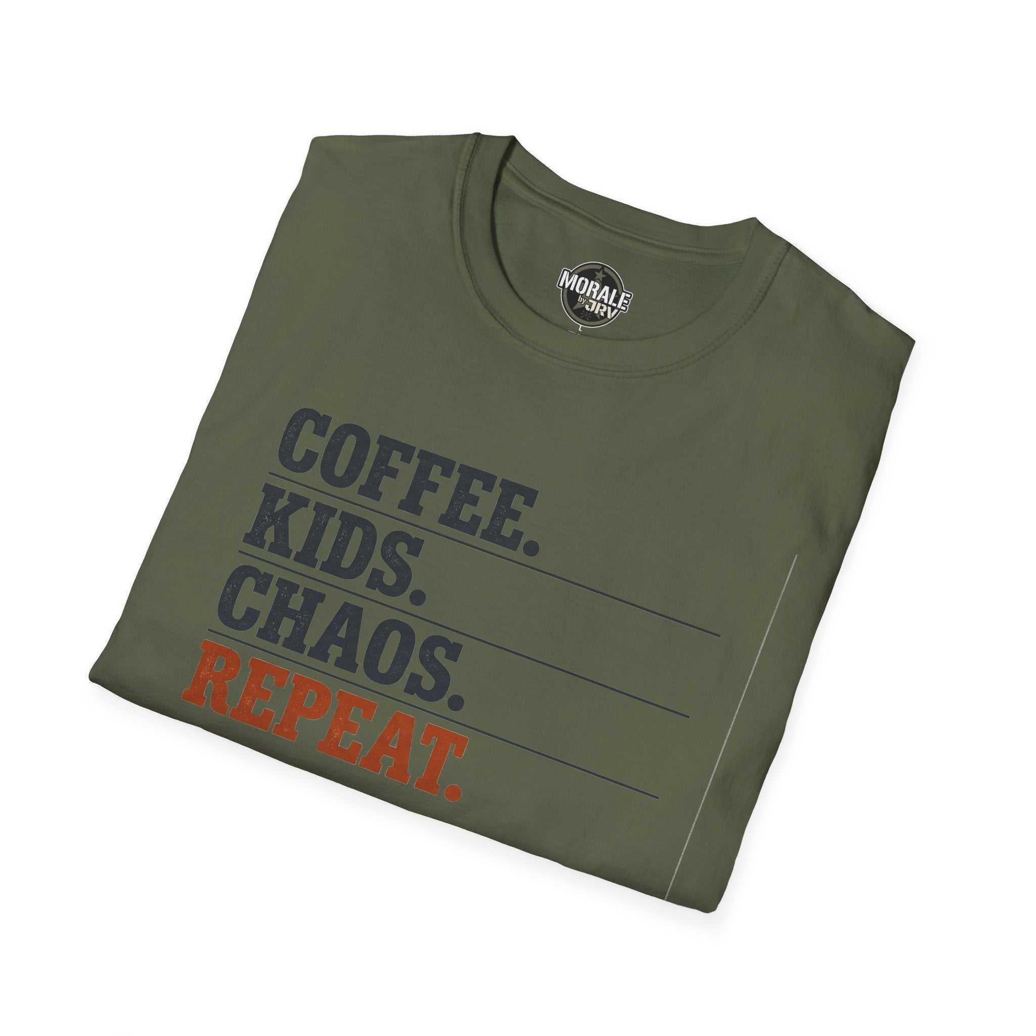 Military green T-shirt front with 'COFFEE. KIDS. CHAOS. REPEAT.' graphic