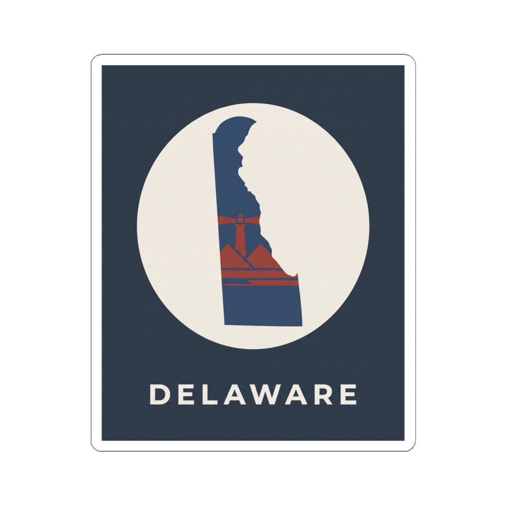 Kiss-cut Delaware state outline sticker with blue/red details and 'DELAWARE' text below