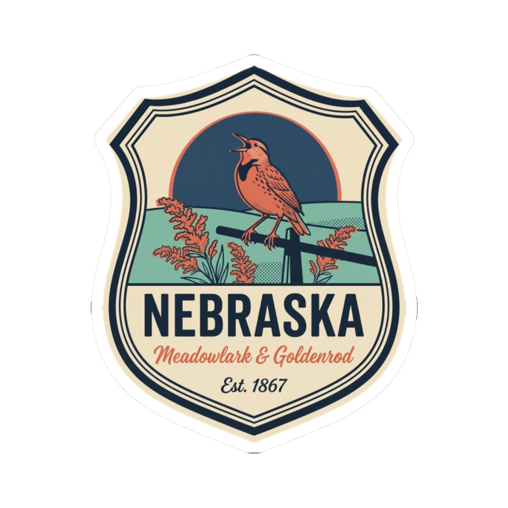 Nebraska retro badge sticker with meadowlark illustration and goldenrod lettering