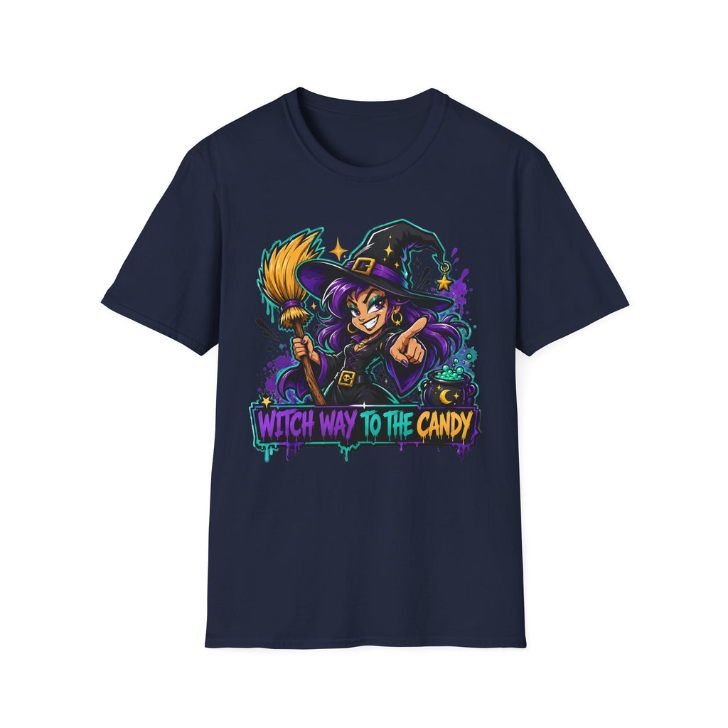 Witch Way To The Candy T-Shirt | Funny Halloween Witch Graphic Tee | Spooky Season Gift | Trick or Treat Shirt