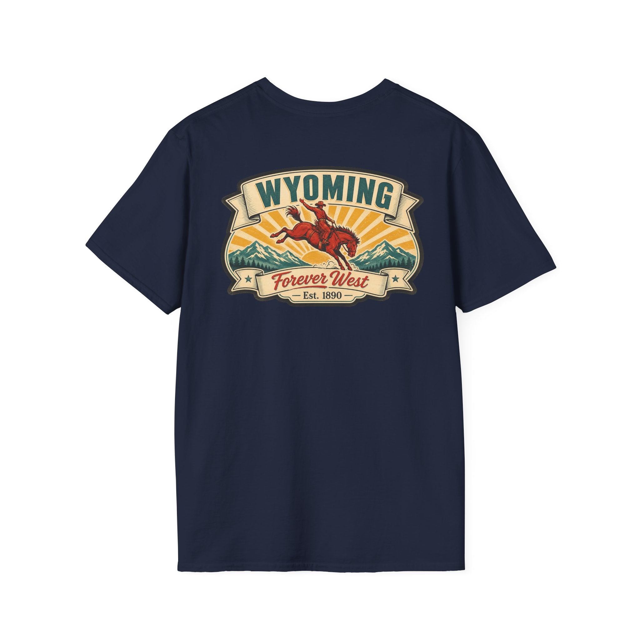 Navy Wyoming graphic T-shirt with cowboy hat banner and landscape logo at chest