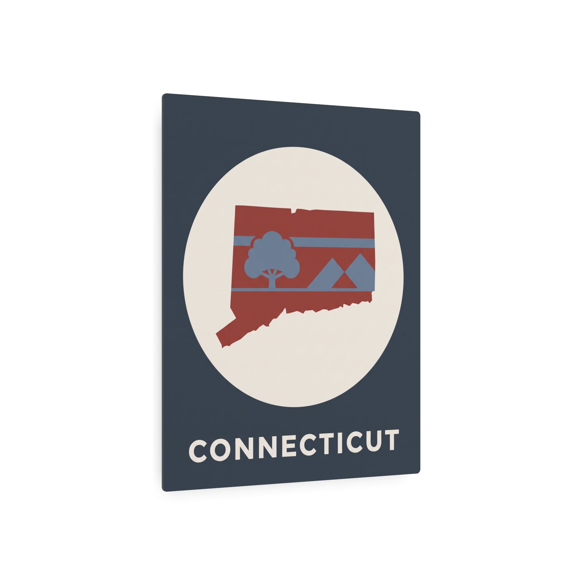Connecticut metal wall sign, circular retro state graphic and 'CONNECTICUT' text, dark blue