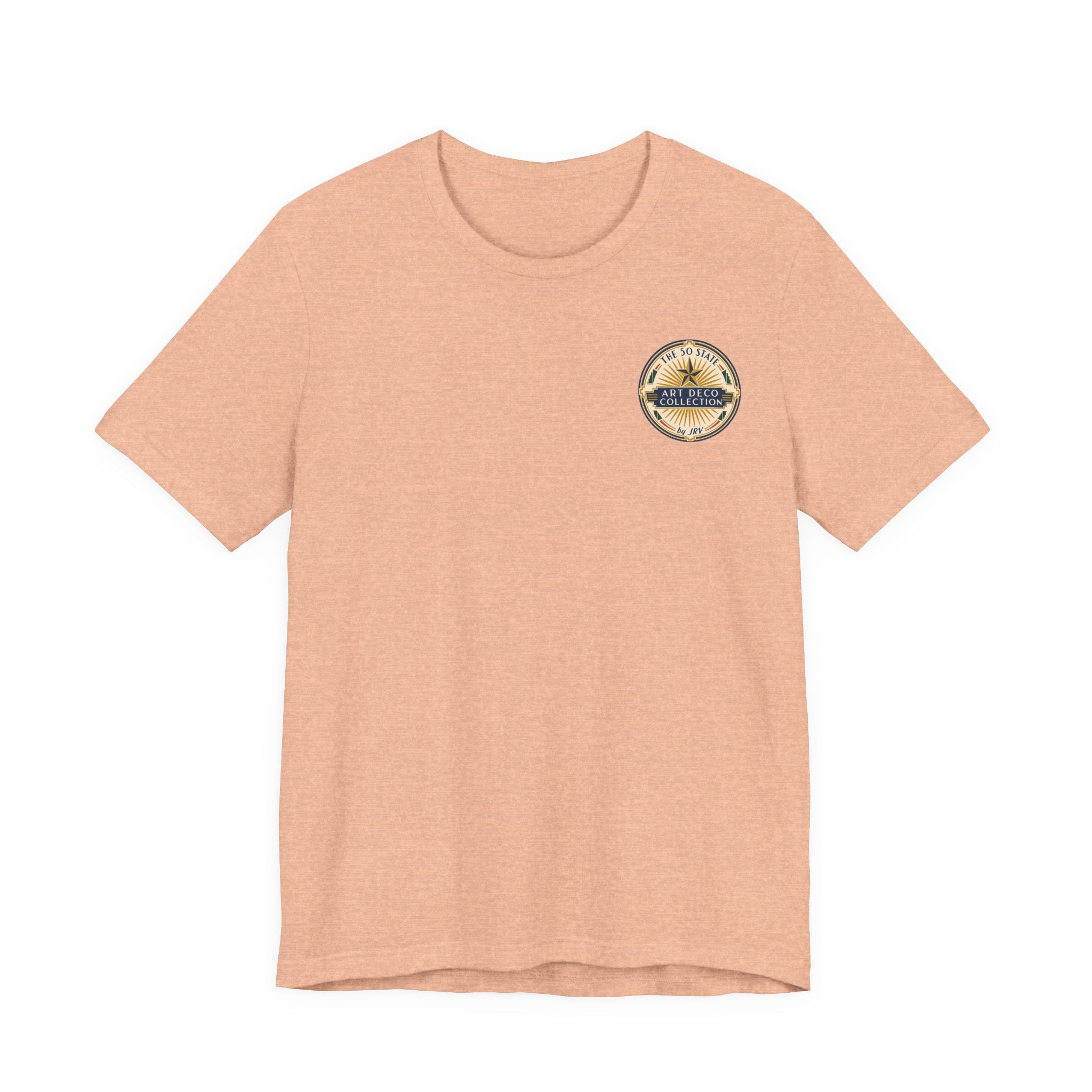 Peach T-shirt with small circular logo on left chest, crew neck, short sleeves