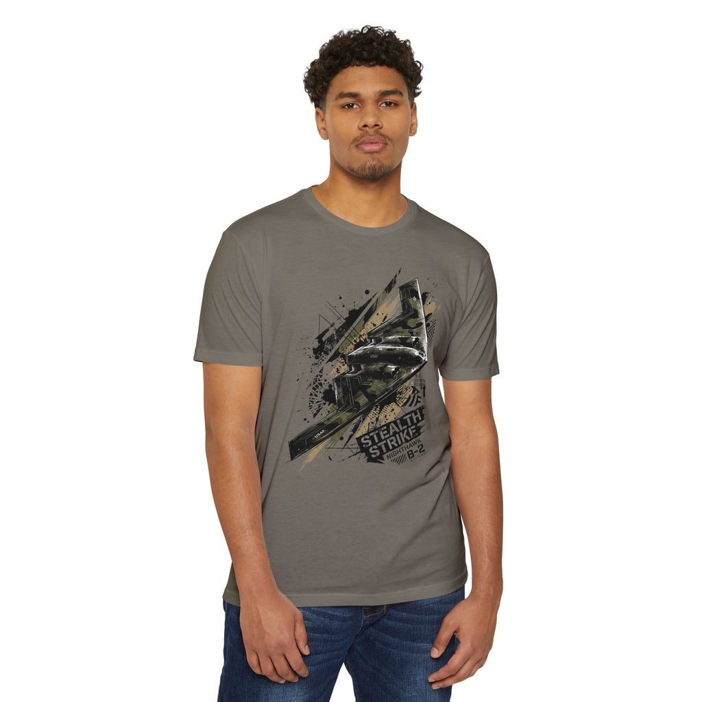 Taupe bomber T-shirt with B-2 aircraft graphic on front