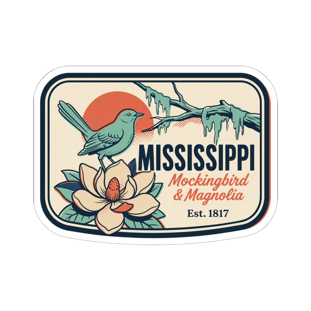 Mississippi badge vinyl sticker with teal bird, magnolia blooms, and Est. 1817 text