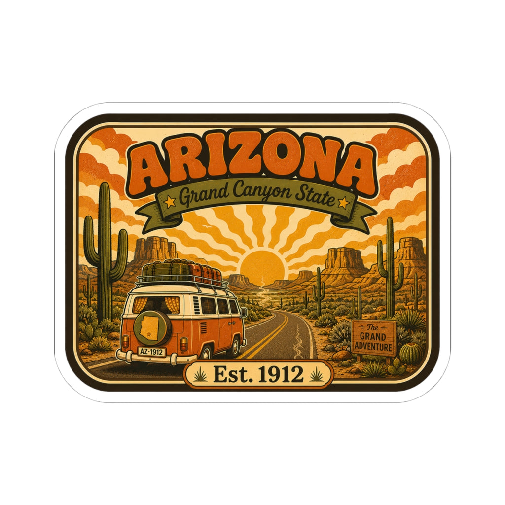 Rounded die-cut sticker showing Arizona “Grand Canyon State” with vintage camper and Est. 1912