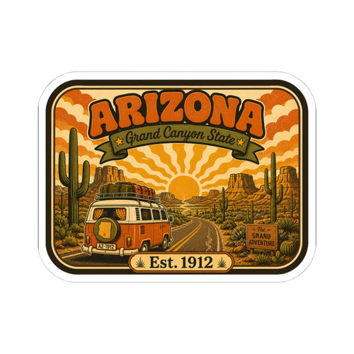 Rounded die-cut sticker showing Arizona “Grand Canyon State” with vintage camper and Est. 1912