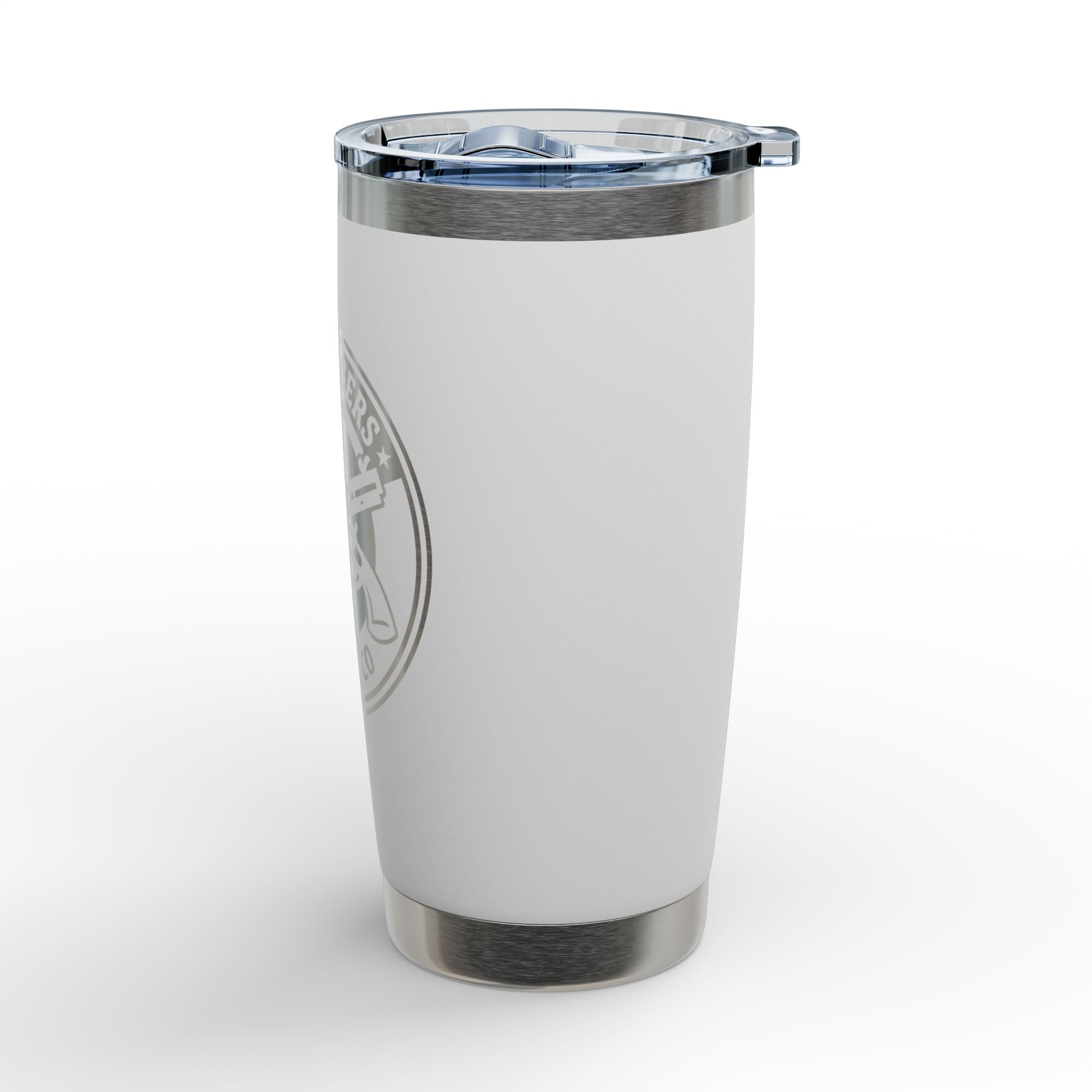 White stainless insulated travel tumbler with partial side emblem and clear lid
