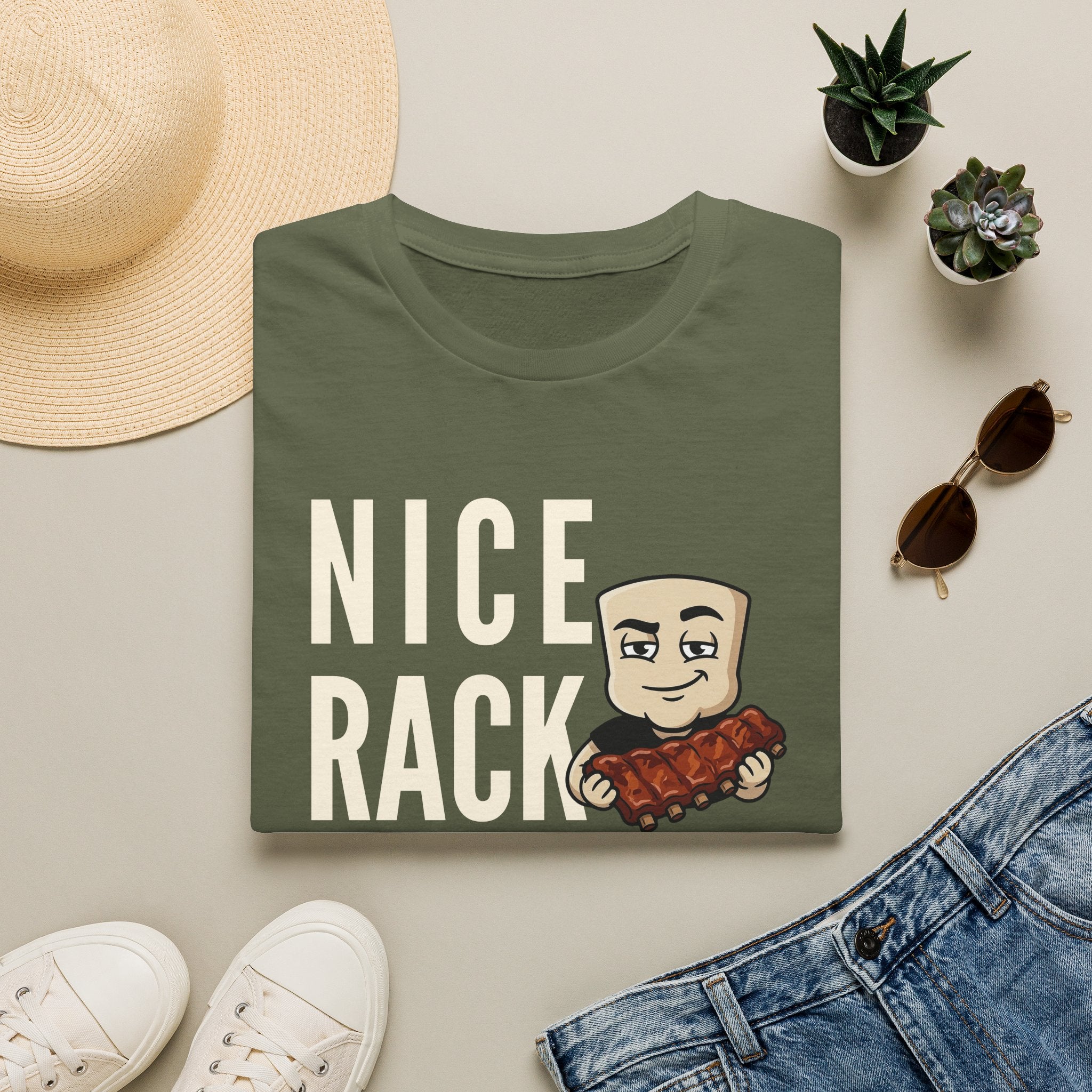 Nice Rack T-Shirt | Funny BBQ Ribs Grilling Tee | Cookout Humor Food Pun Gift