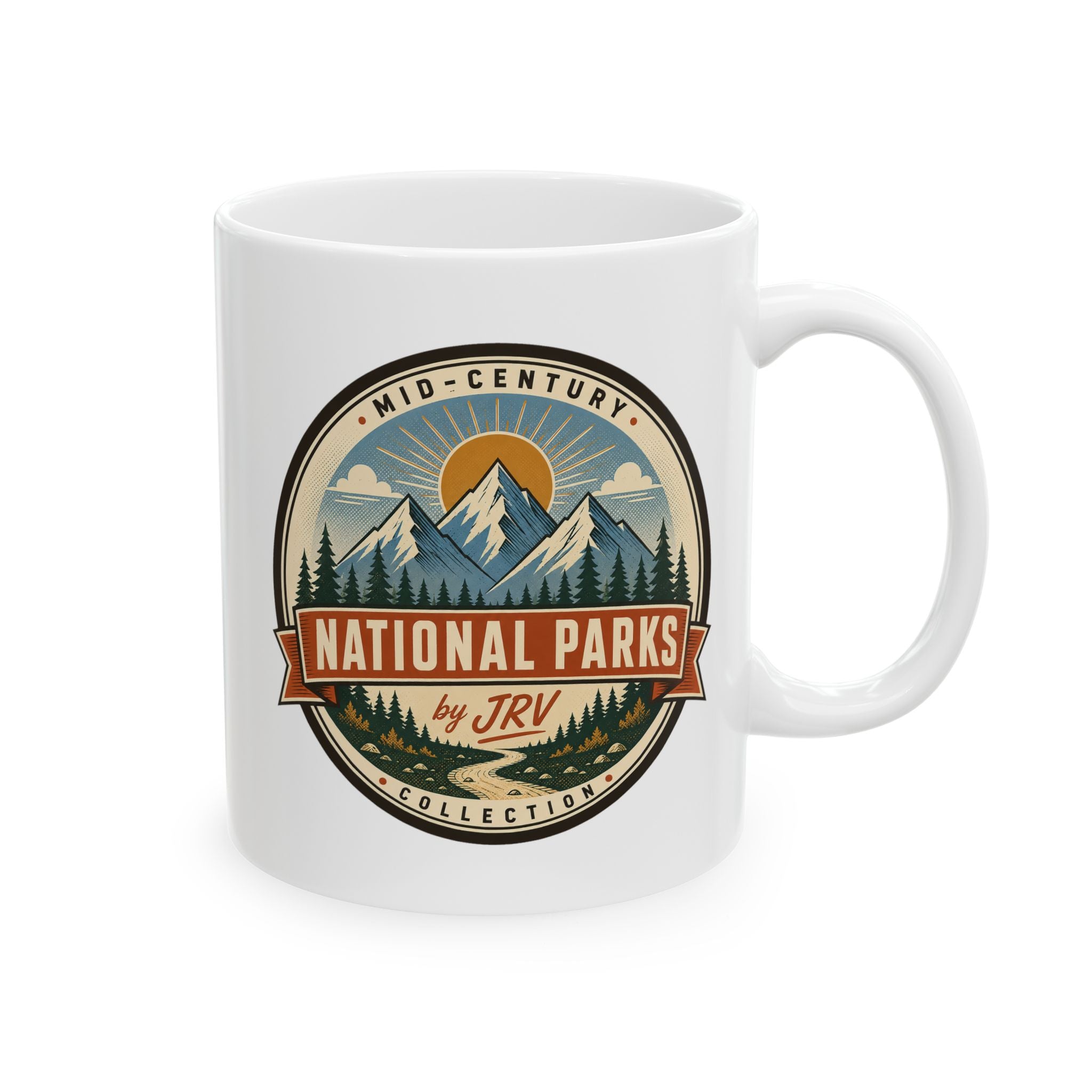 White ceramic mug with Mid-Century National Parks by JRV circular logo and handle