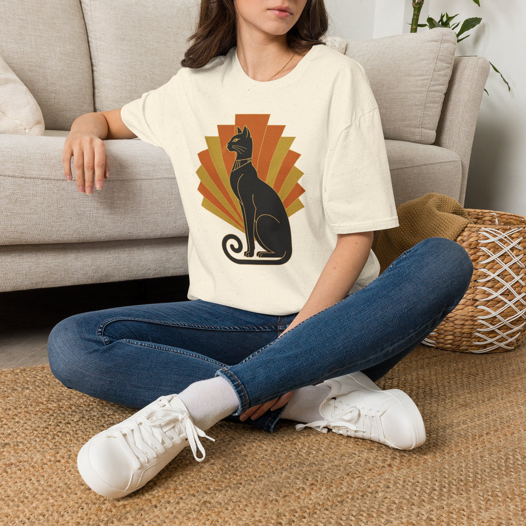 Cream cat T-shirt on model with Egyptian-style black cat and orange sunburst