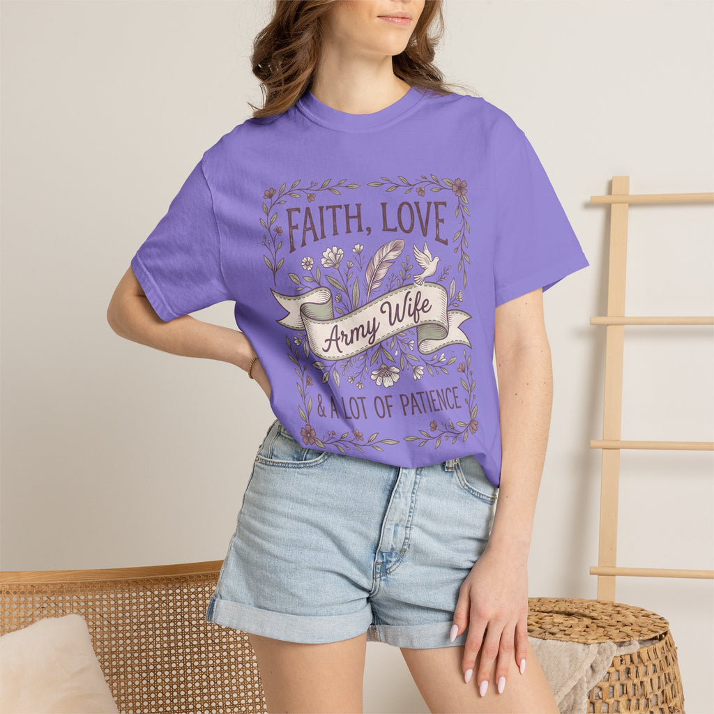 Lavender crewneck T-shirt on model with 'Faith, Love' floral wreath and 'Army Wife' ribbon