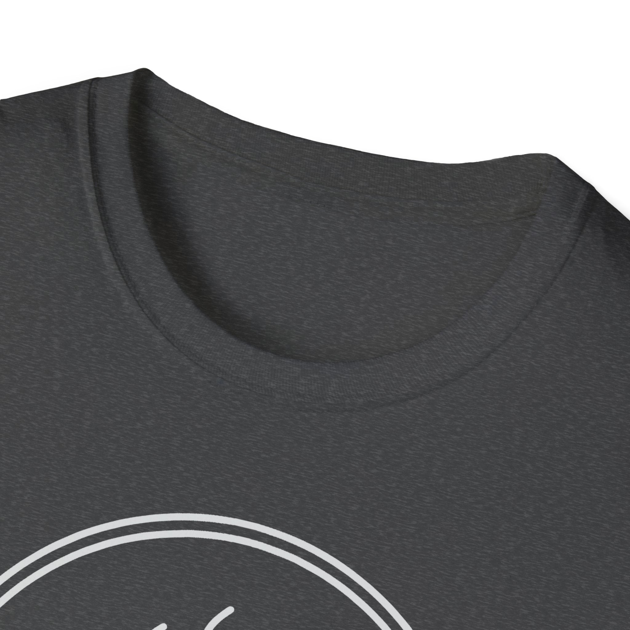 Dark grey crew-neck T-shirt close-up with partial circular coffee graphic
