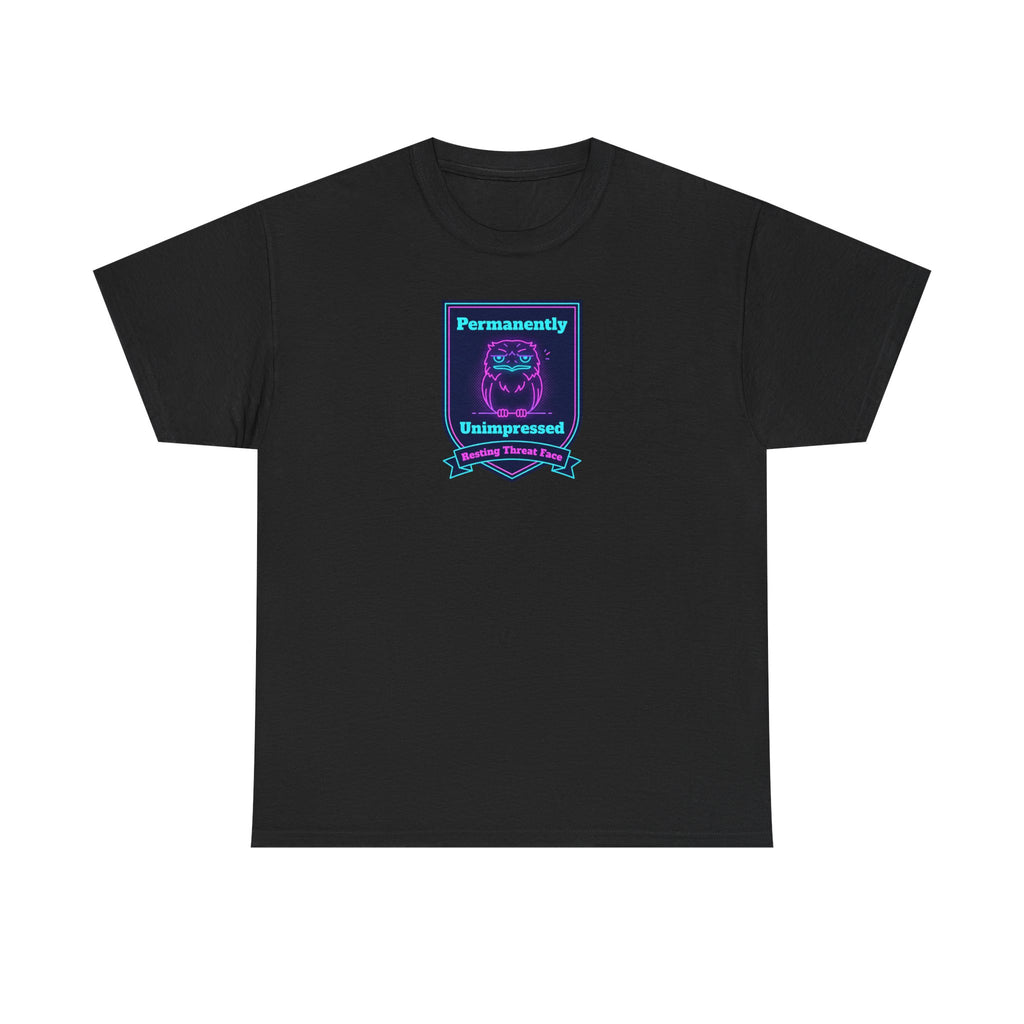Permanently Unimpressed Badge Tee | Retro Neon Robot Design