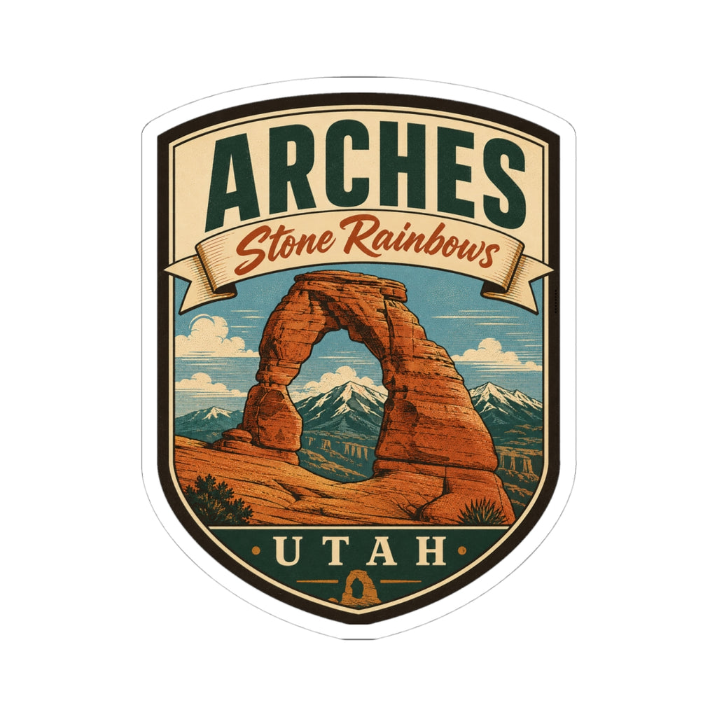 Shield-shaped Arches Utah kiss-cut sticker featuring Delicate Arch and Stone Rainbows ribbon