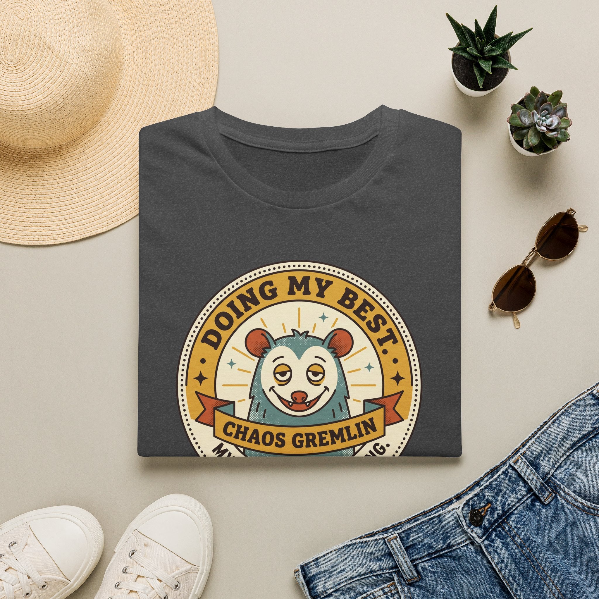 Dark heather grey t-shirt with “Doing My Best Chaos Gremlin” cartoon chest graphic