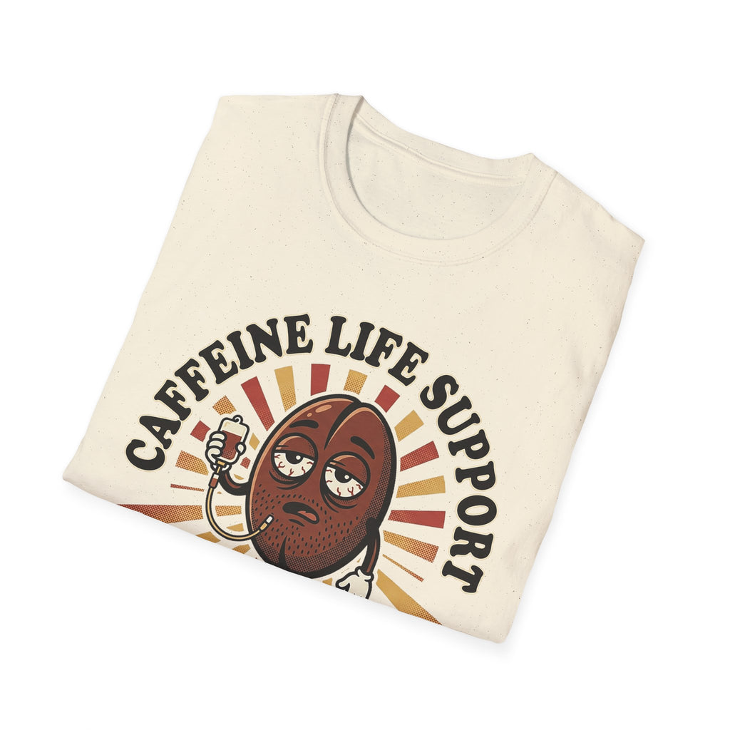 Caffeine Life Support T-shirt, off-white with cartoon coffee bean graphic and text