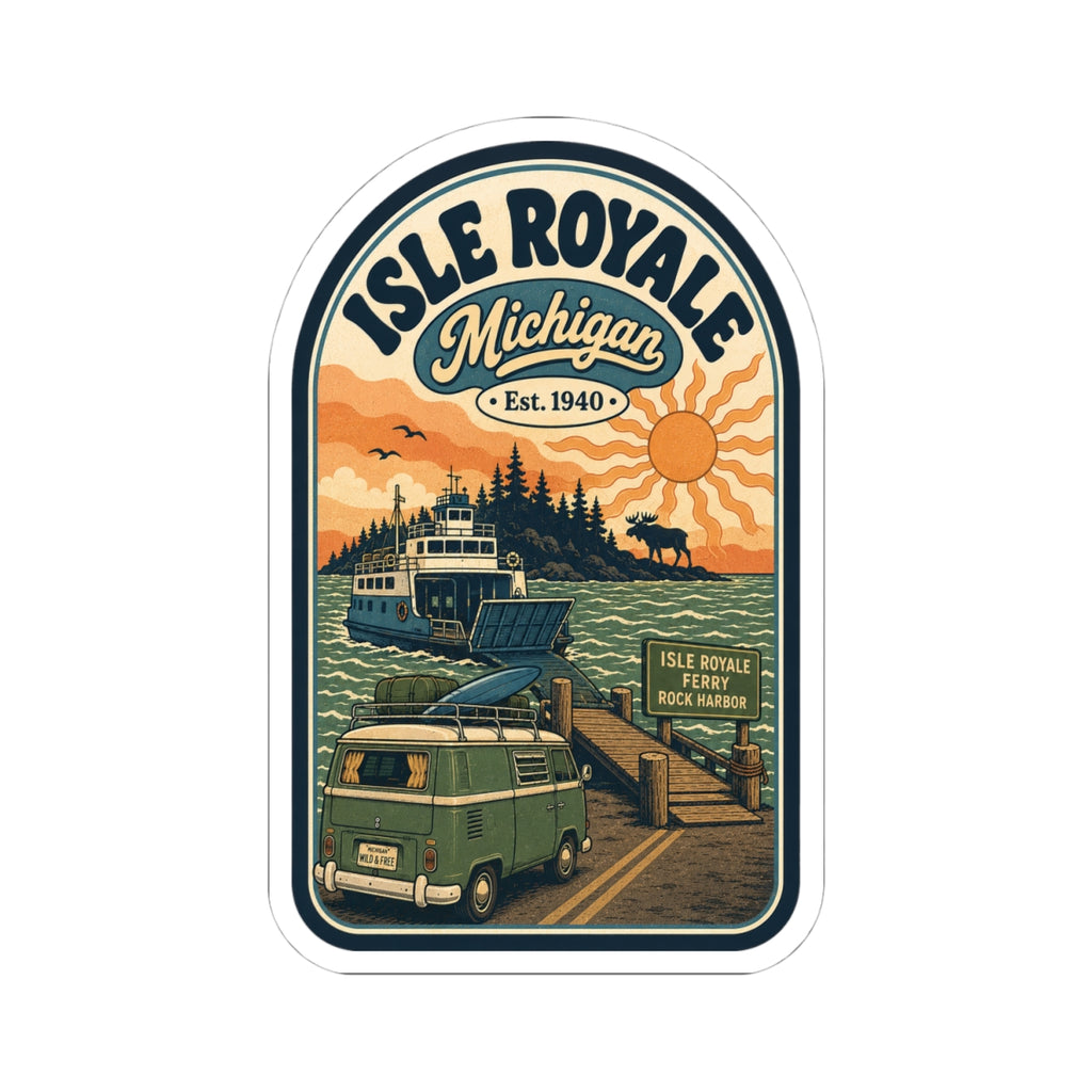 Isle Royale National Park sticker with Michigan title, camp trailer scene, rounded kiss-cut border