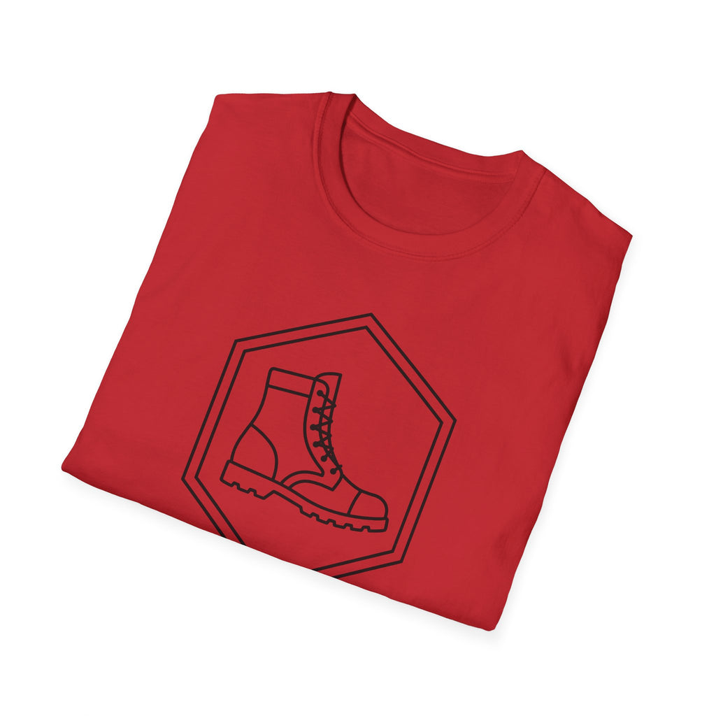 Red T-shirt with outlined military boot graphic on front
