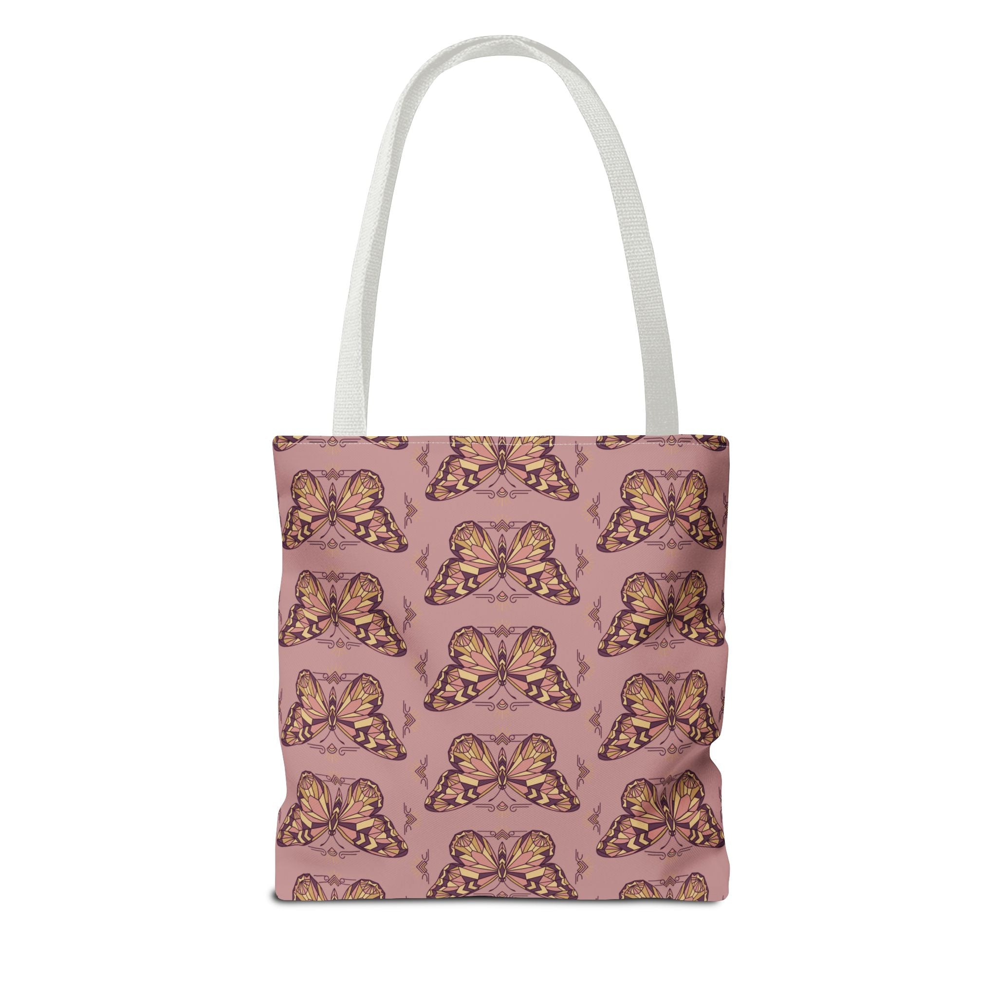 Butterfly-pattern tote bag in pink with white handles, front view