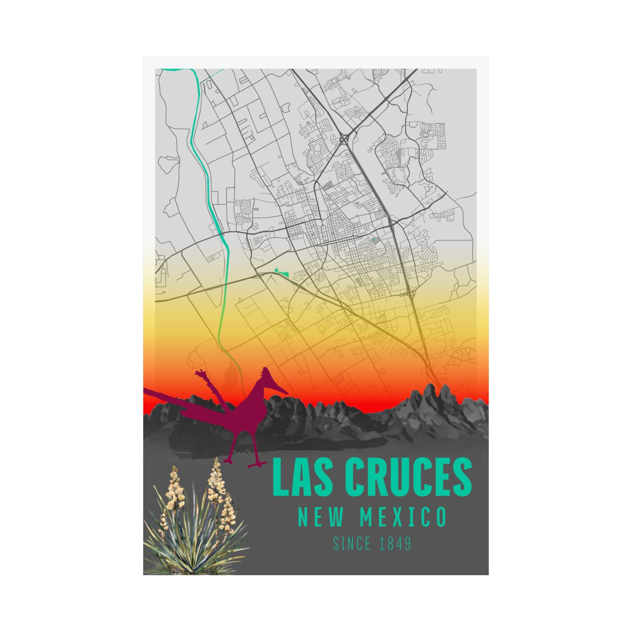 Póster vertical Las Cruces: mapa urbano con línea verde y rótulo “SINCE 1849”