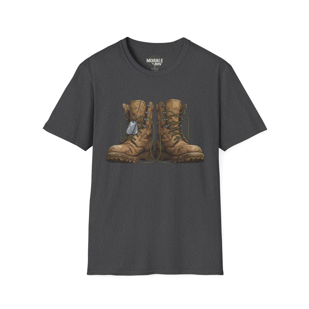 Dark heather T-shirt with vintage combat boots graphic in brown and tan