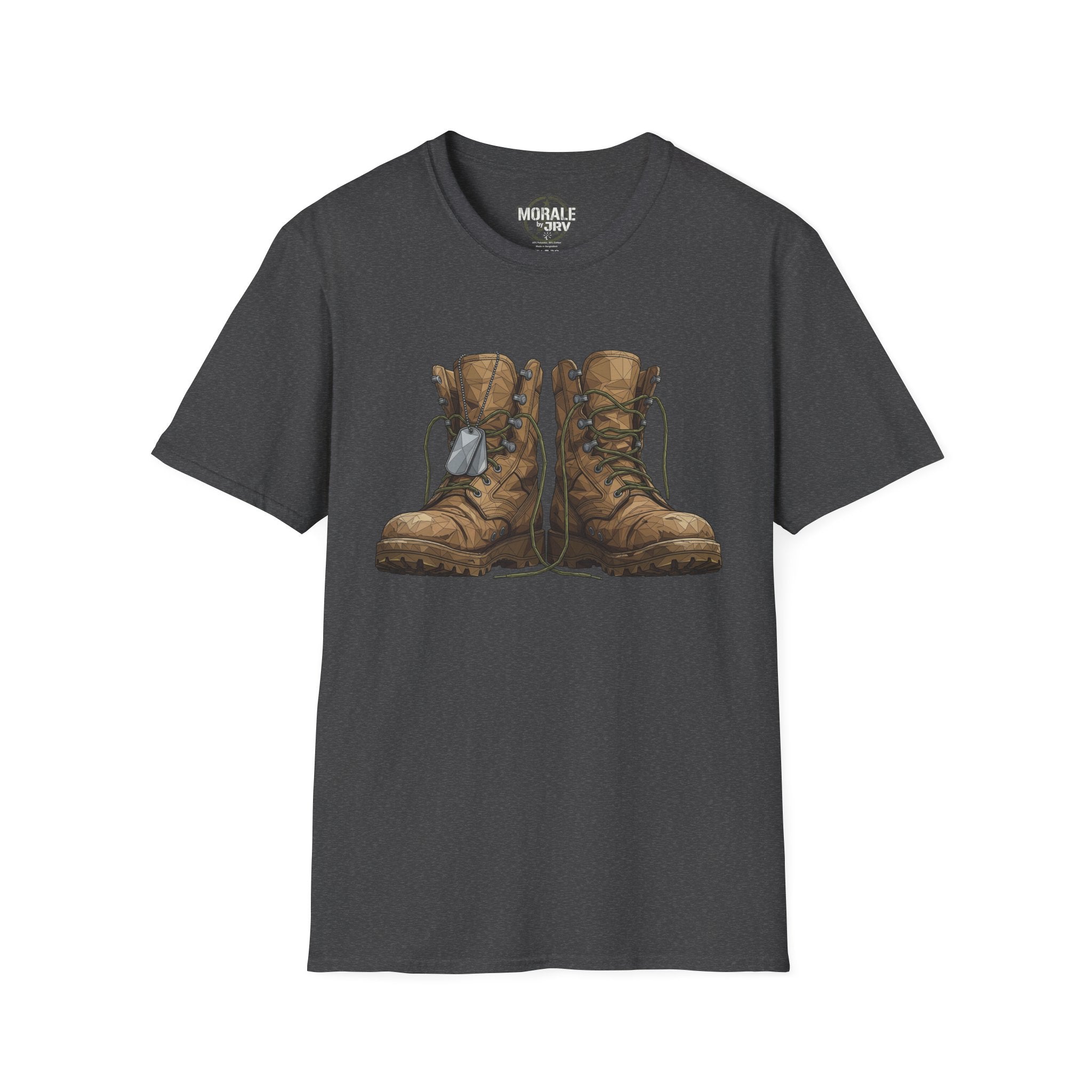Dark heather T-shirt with vintage combat boots graphic in brown and tan