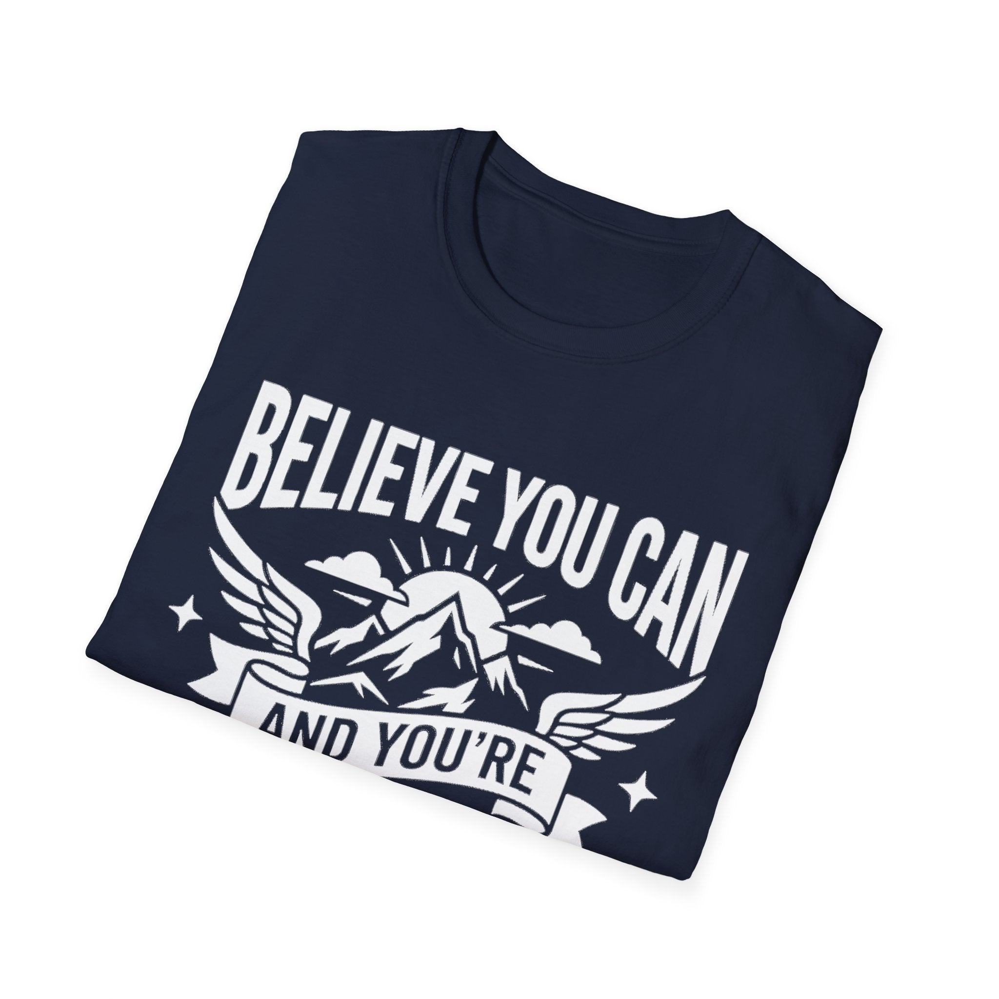 Navy T-shirt with Believe You Can quote and mountain hiking graphic