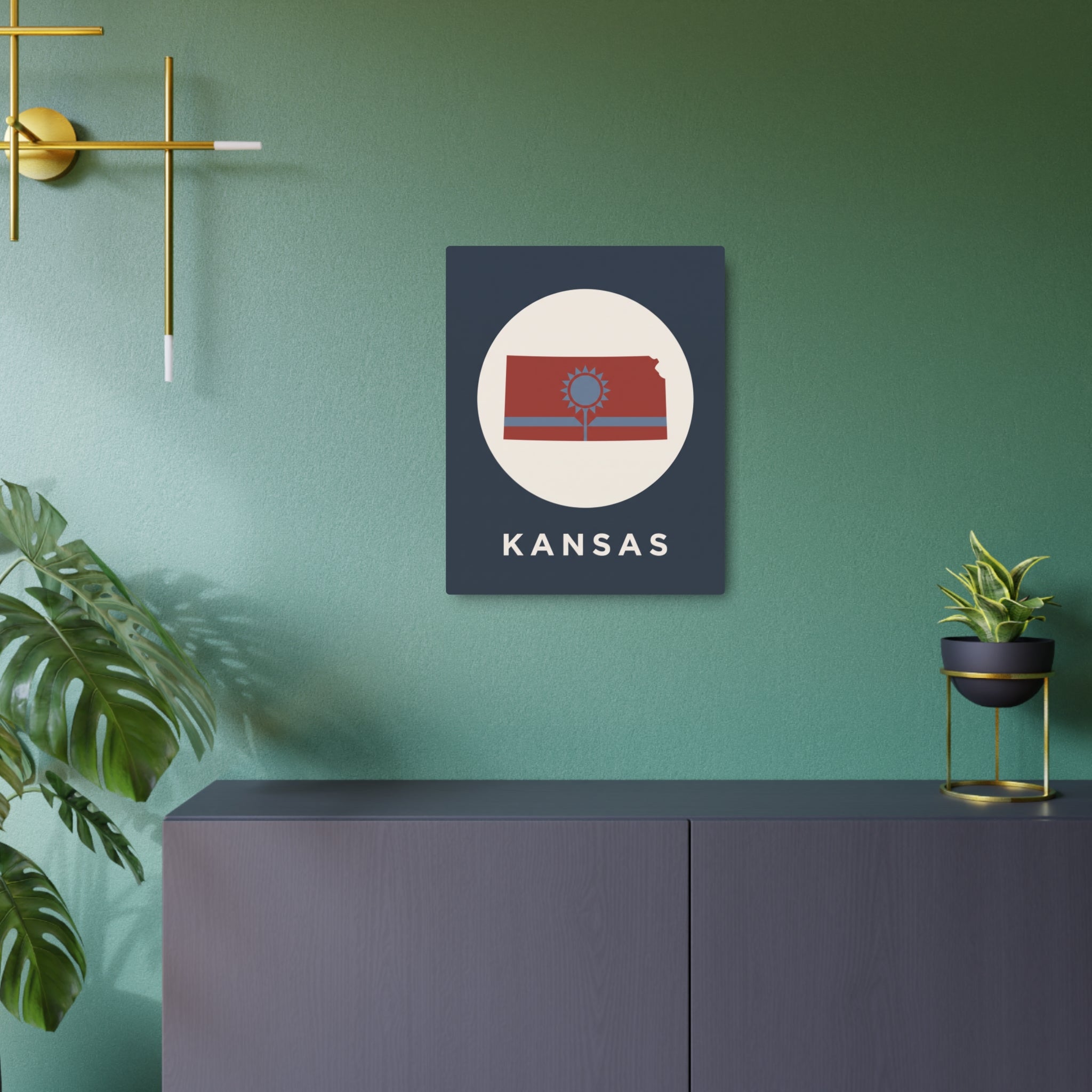 Wall-mounted Kansas graphic metal art sign, circular emblem on dark blue square