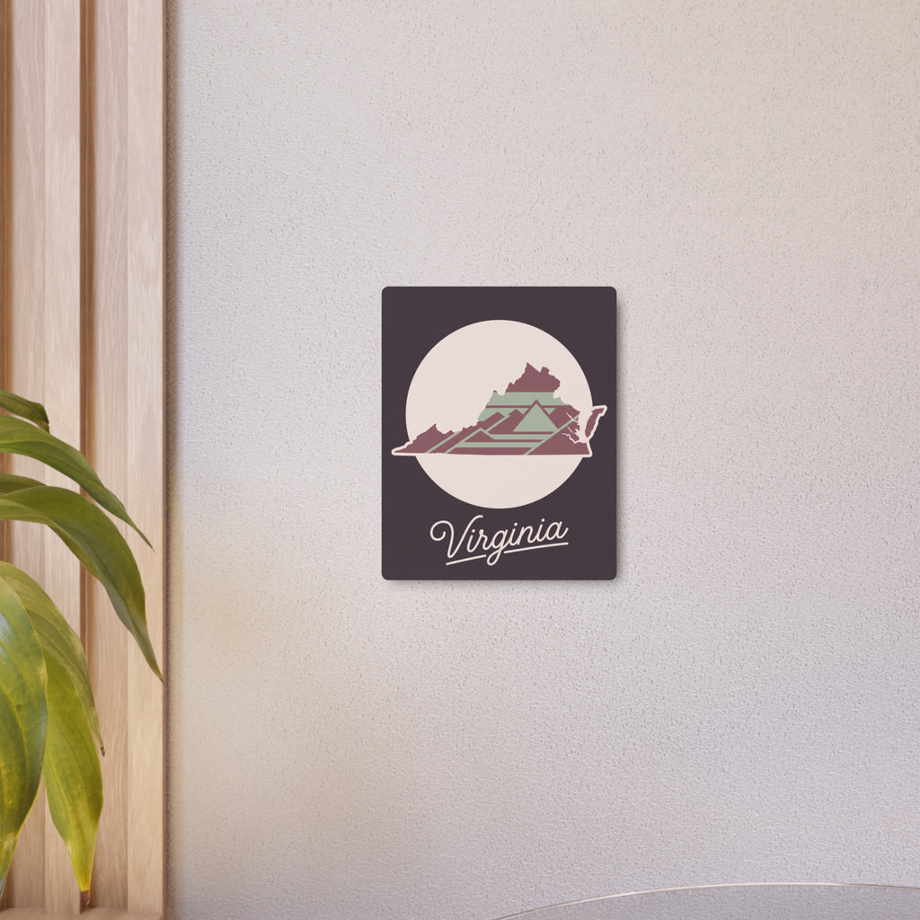 Small mauve square Virginia metal wall art with state silhouette and cursive “Virginia”