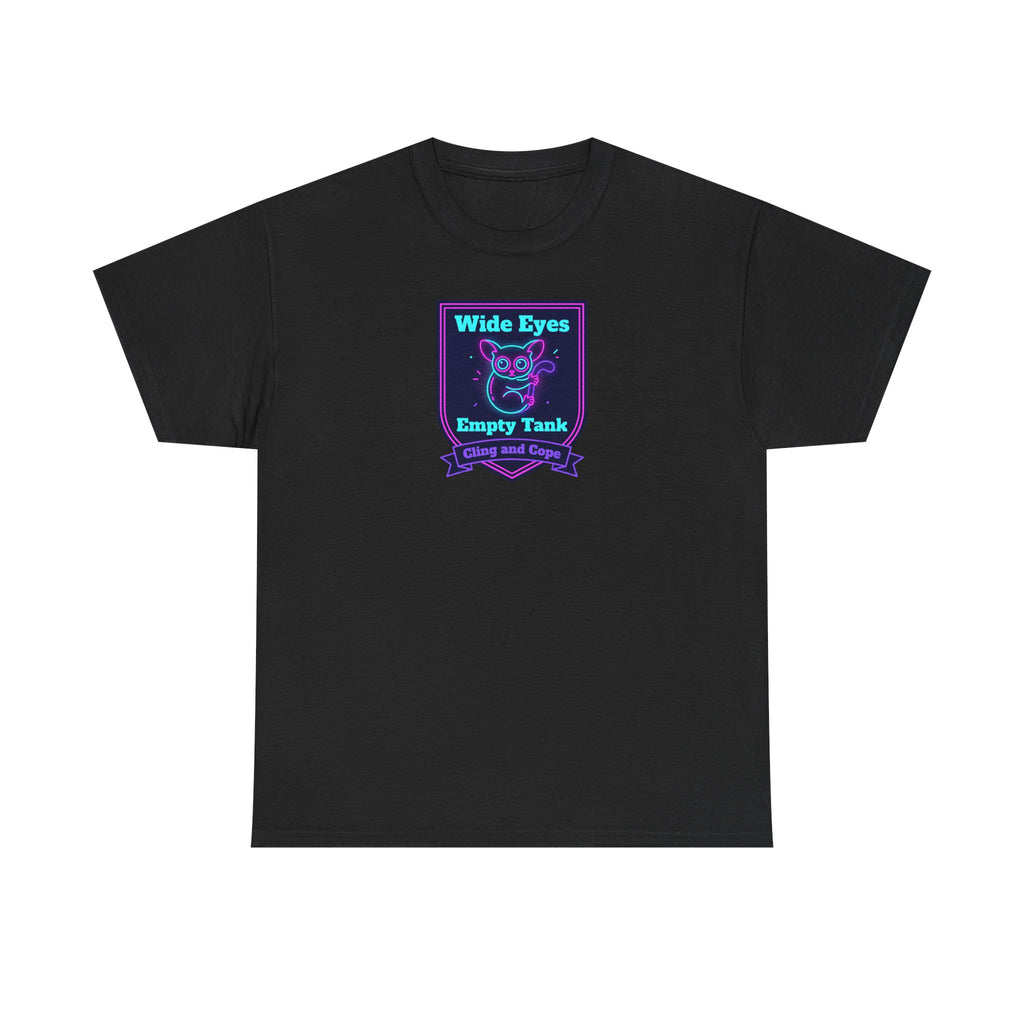 Wide Eyes Empty Tank T-shirt | Owl Illustration, Neon Purple & Teal Badge