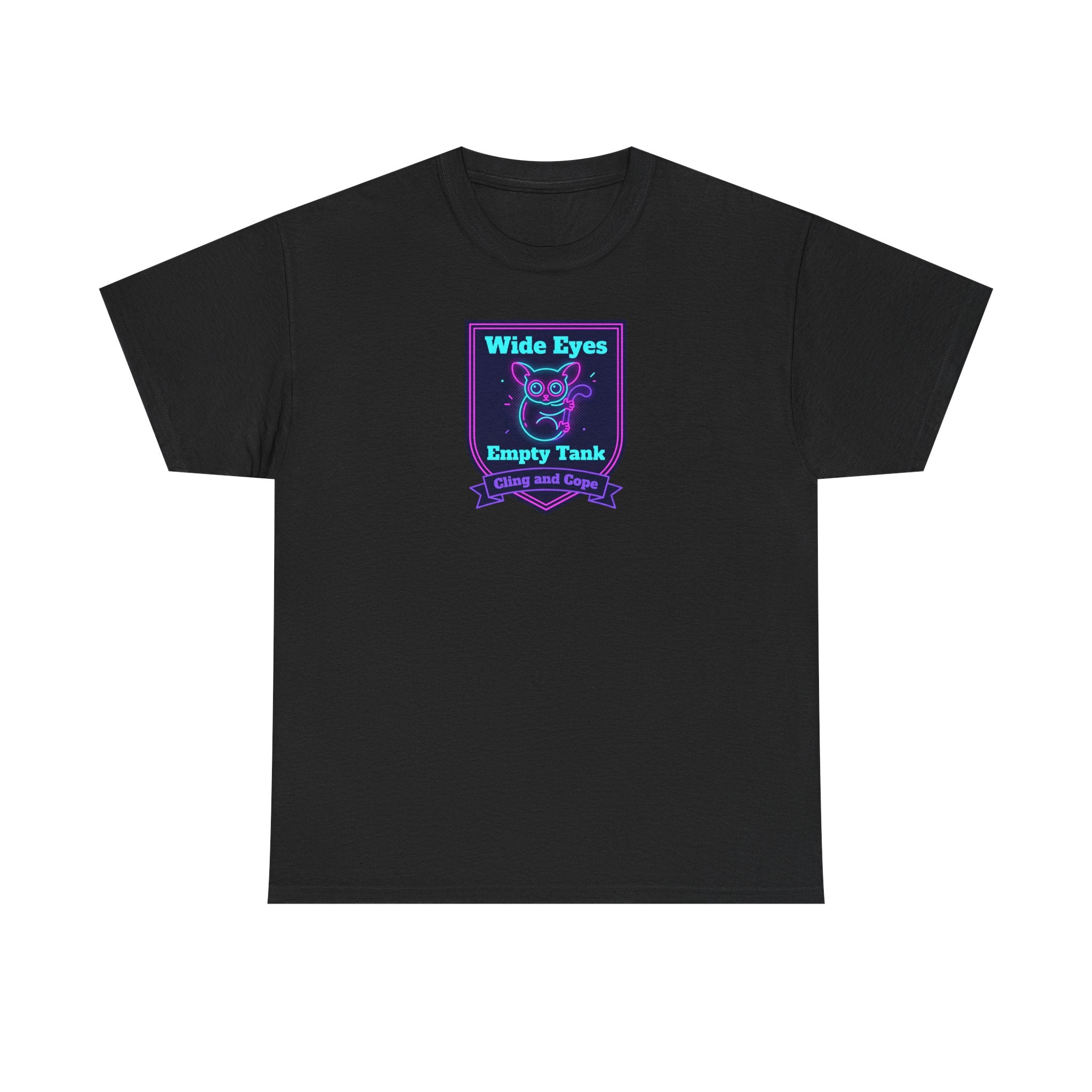 Wide Eyes Empty Tank T-shirt | Owl Illustration, Neon Purple & Teal Badge