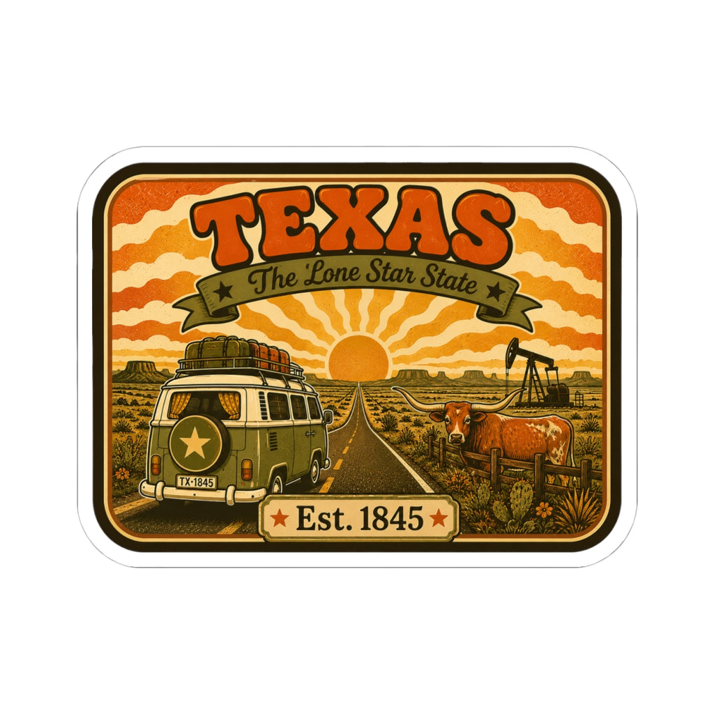 Kiss-cut Texas sticker with truck on desert road and Est. 1845