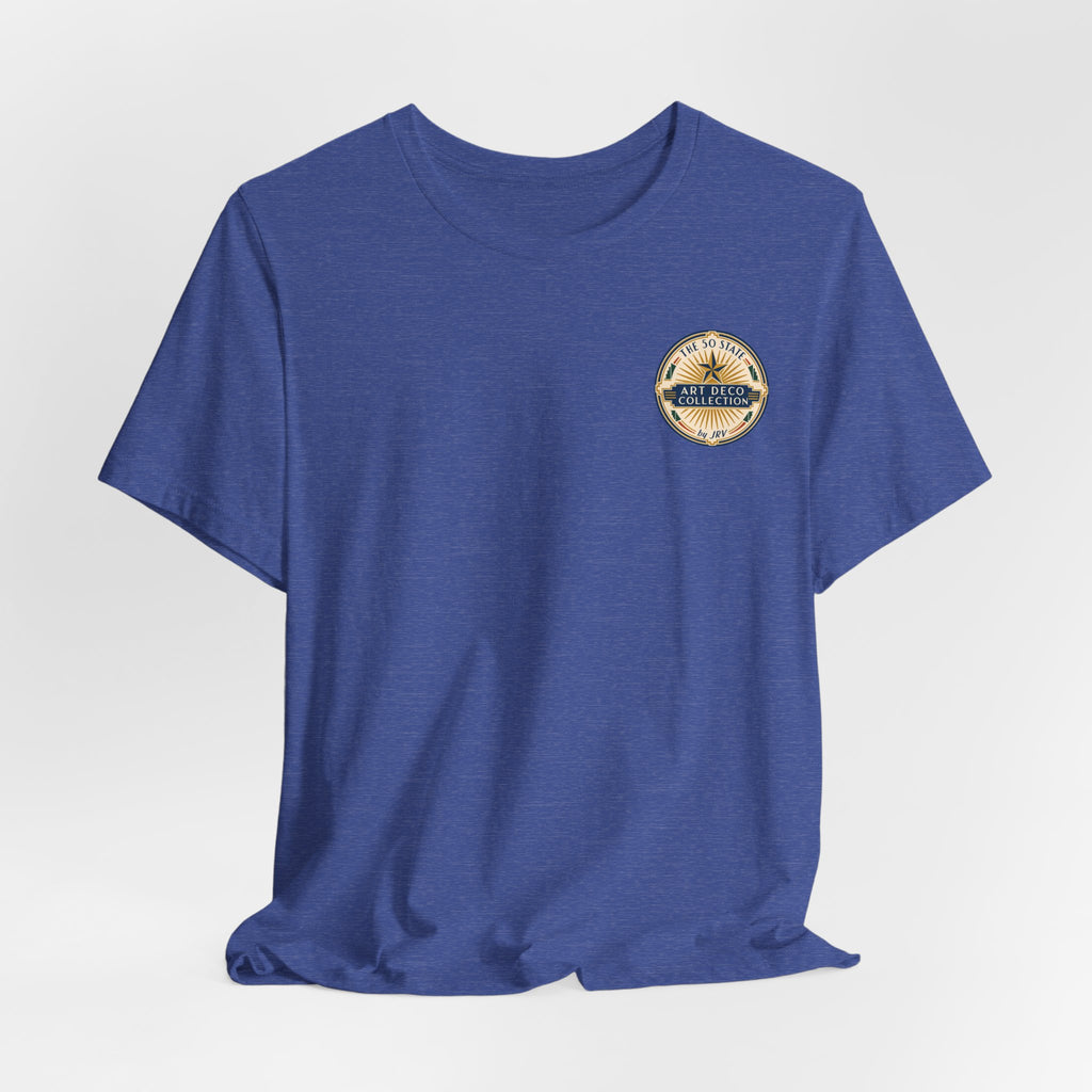 Blue short-sleeve T-shirt with small round chest logo, crew neckline