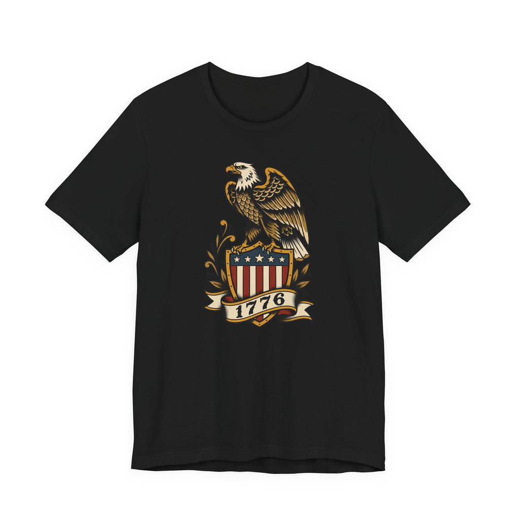 Black t-shirt with eagle shield graphic and banner reading 1776