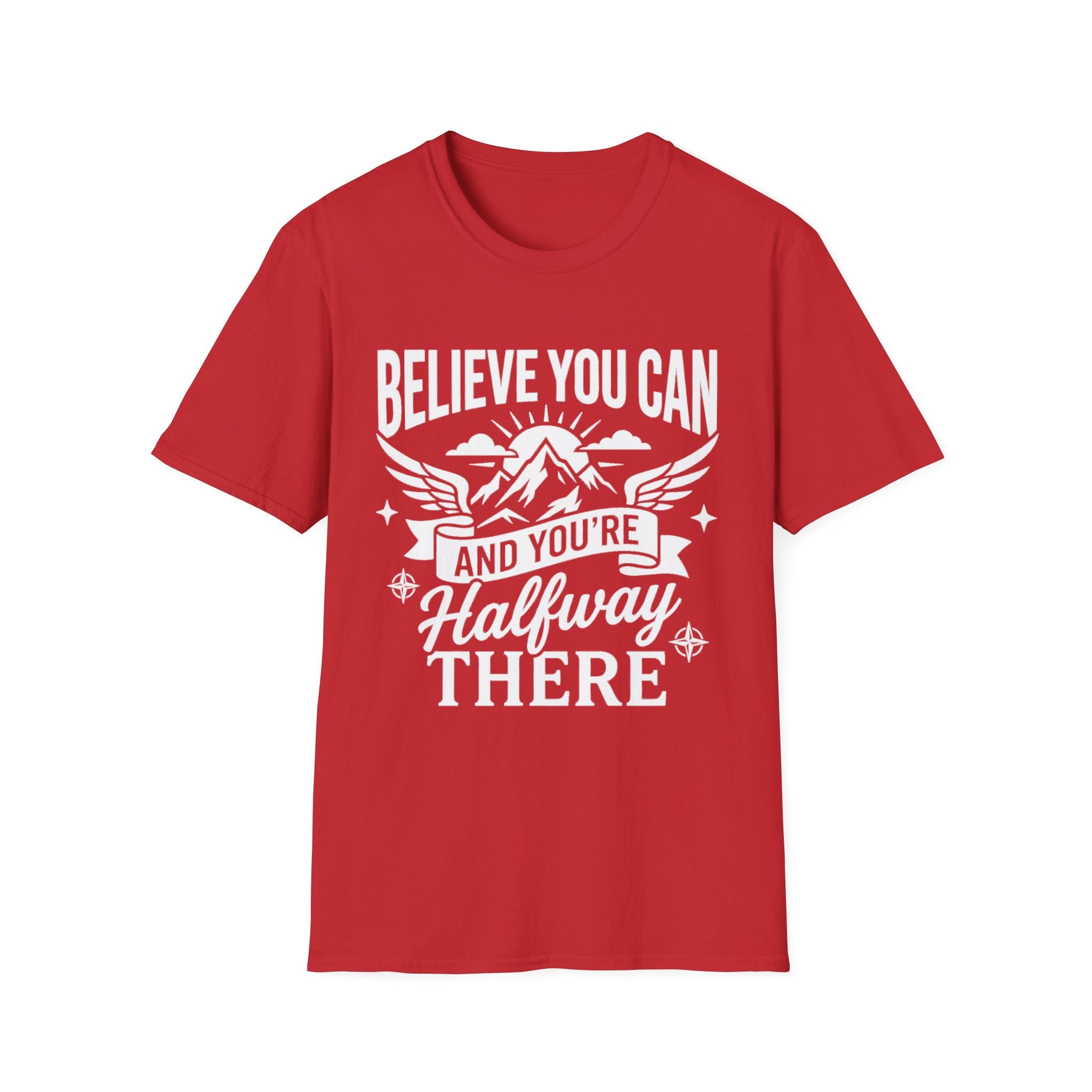 Red t-shirt with “Believe You Can” mountain hiking quote graphic on front