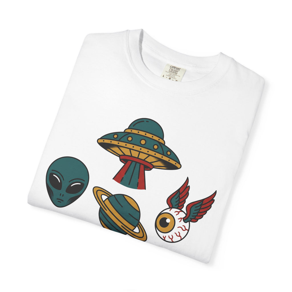 White crewneck T-shirt with alien, UFO, and winged cat graphic