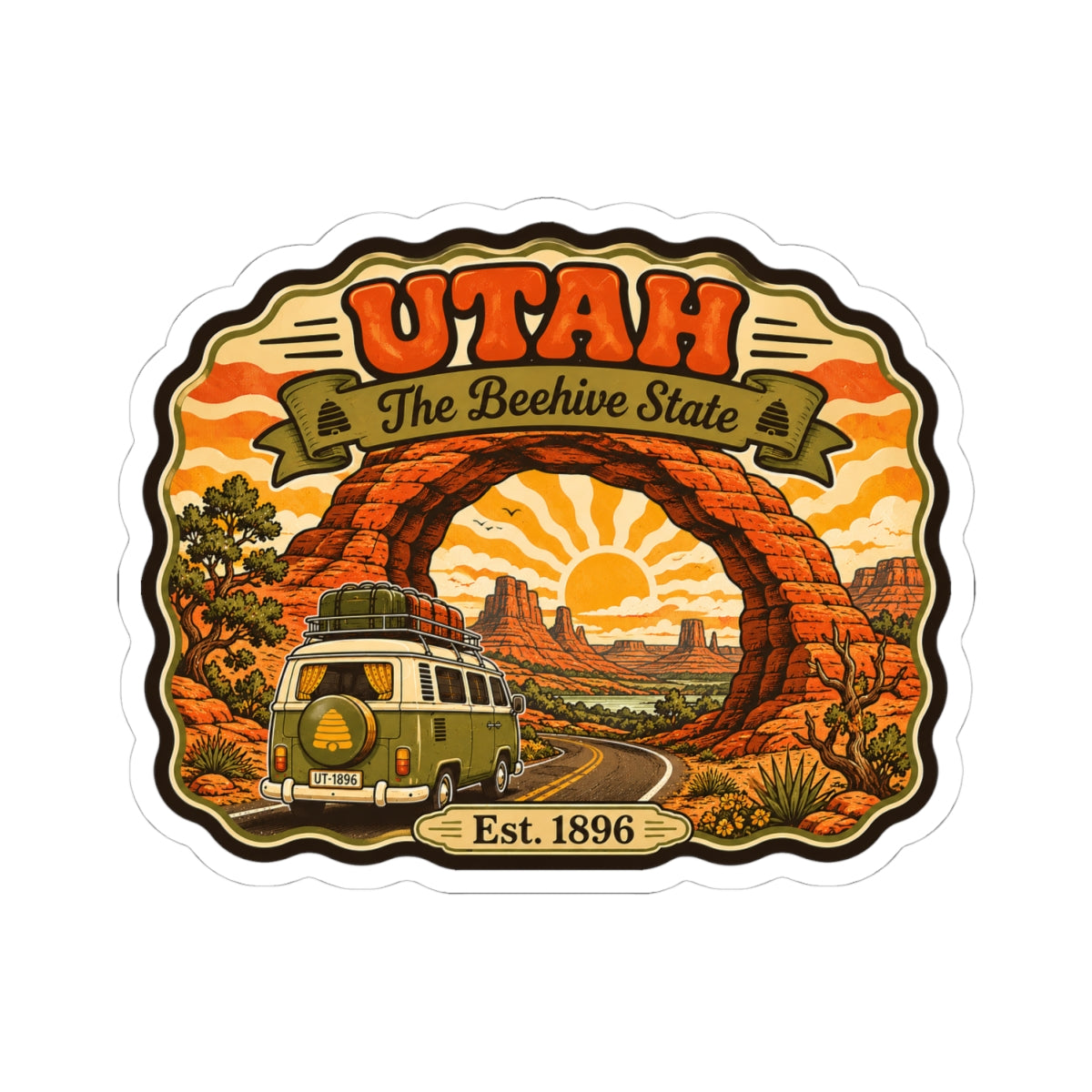 Utah vintage kiss-cut sticker showing desert arch landscape, yellow sun, van, and “Est. 1896”