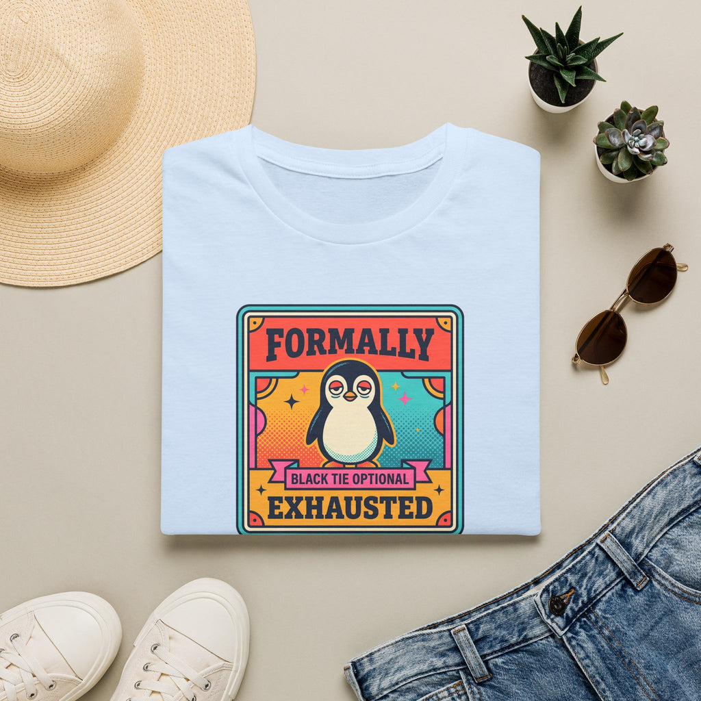 Funny Penguin T-Shirt | Formally Exhausted Black Tie Optional Retro Graphic Tee | Penguin Gift