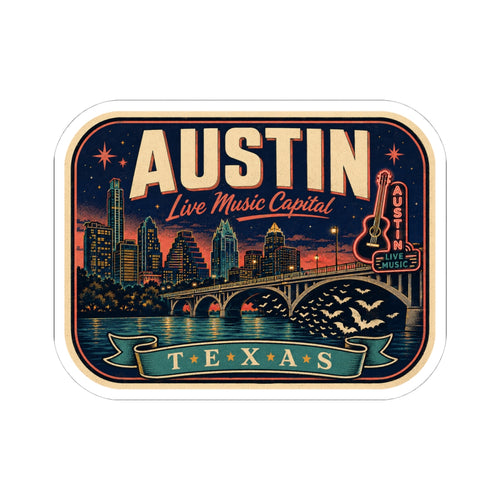 Austin luggage tag sticker, dark blue skyline graphic with “Live Music Capital” and “Texas”