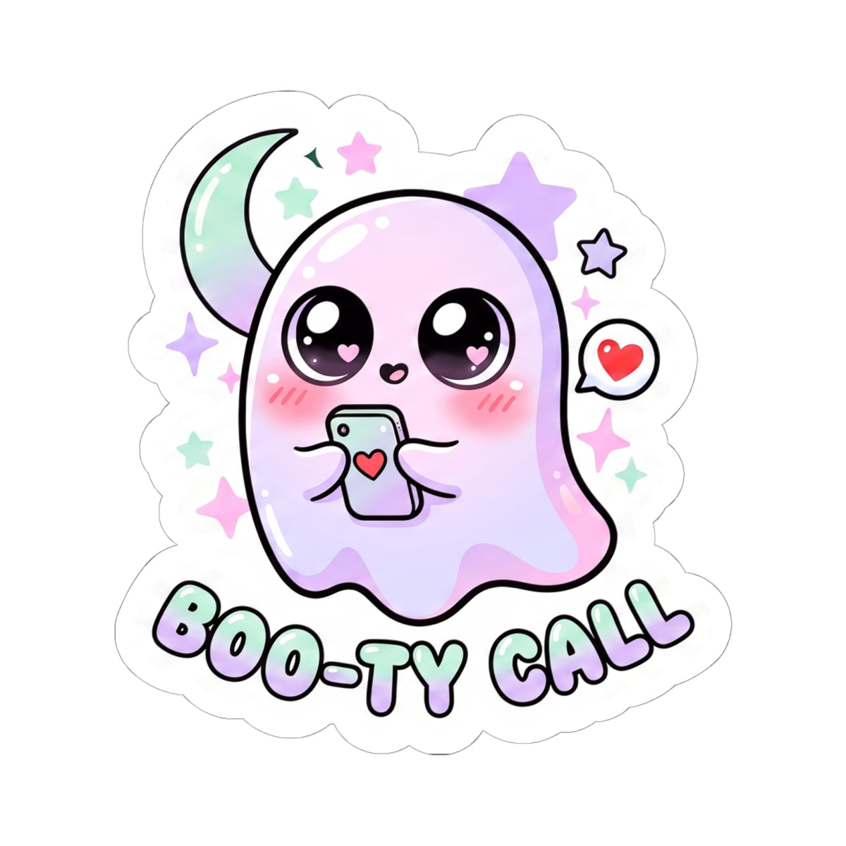 Kawaii ghost phone sticker with cute face, small heart, sparkles, and Boo-ty Call lettering