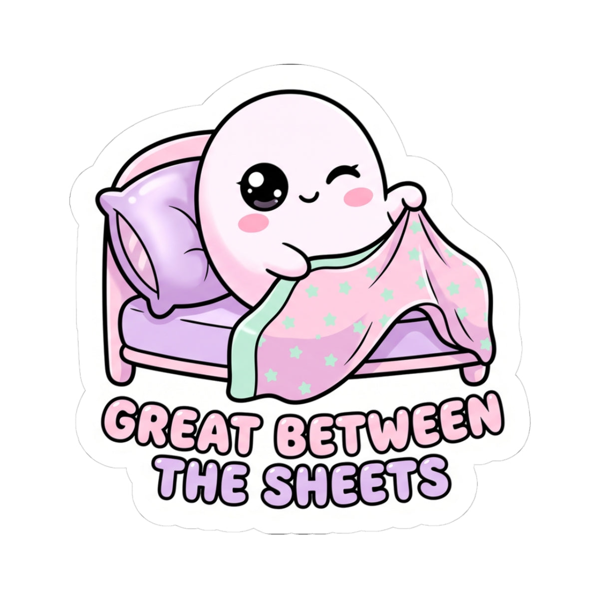 Kawaii bed ghost kiss-cut sticker on purple bed, mint star blanket, “GREAT BETWEEN THE SHEETS”