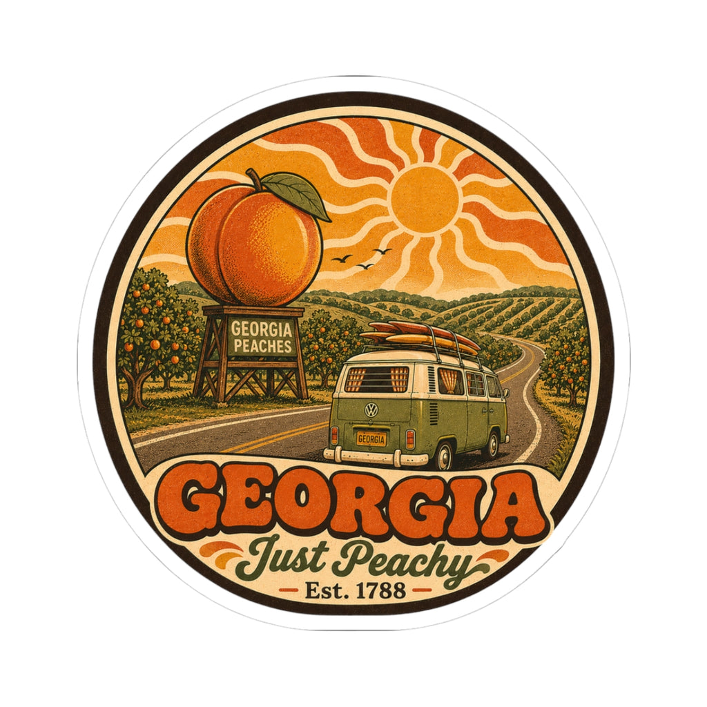Round vinyl sticker showing Georgia Just Peachy text, orange peaches, and green van art