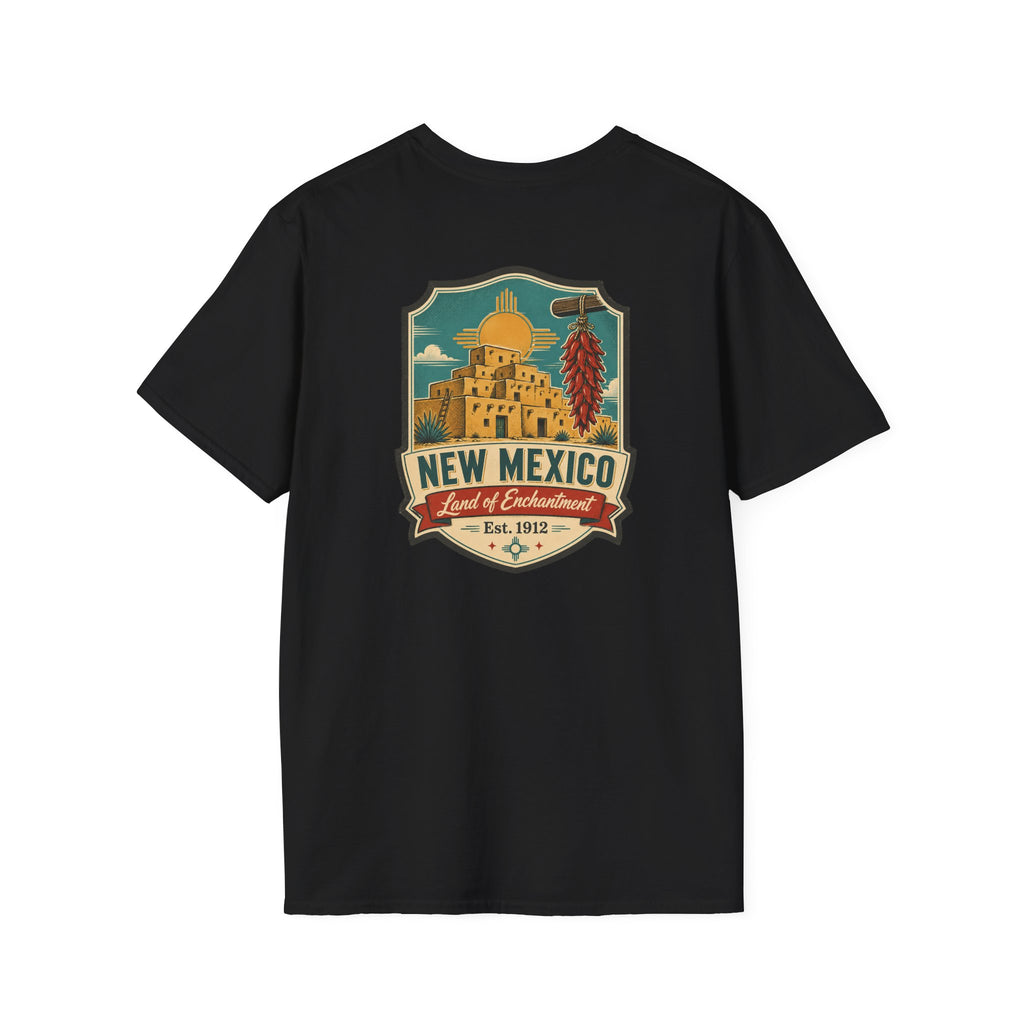 Black New Mexico graphic T-shirt with round crest chest print