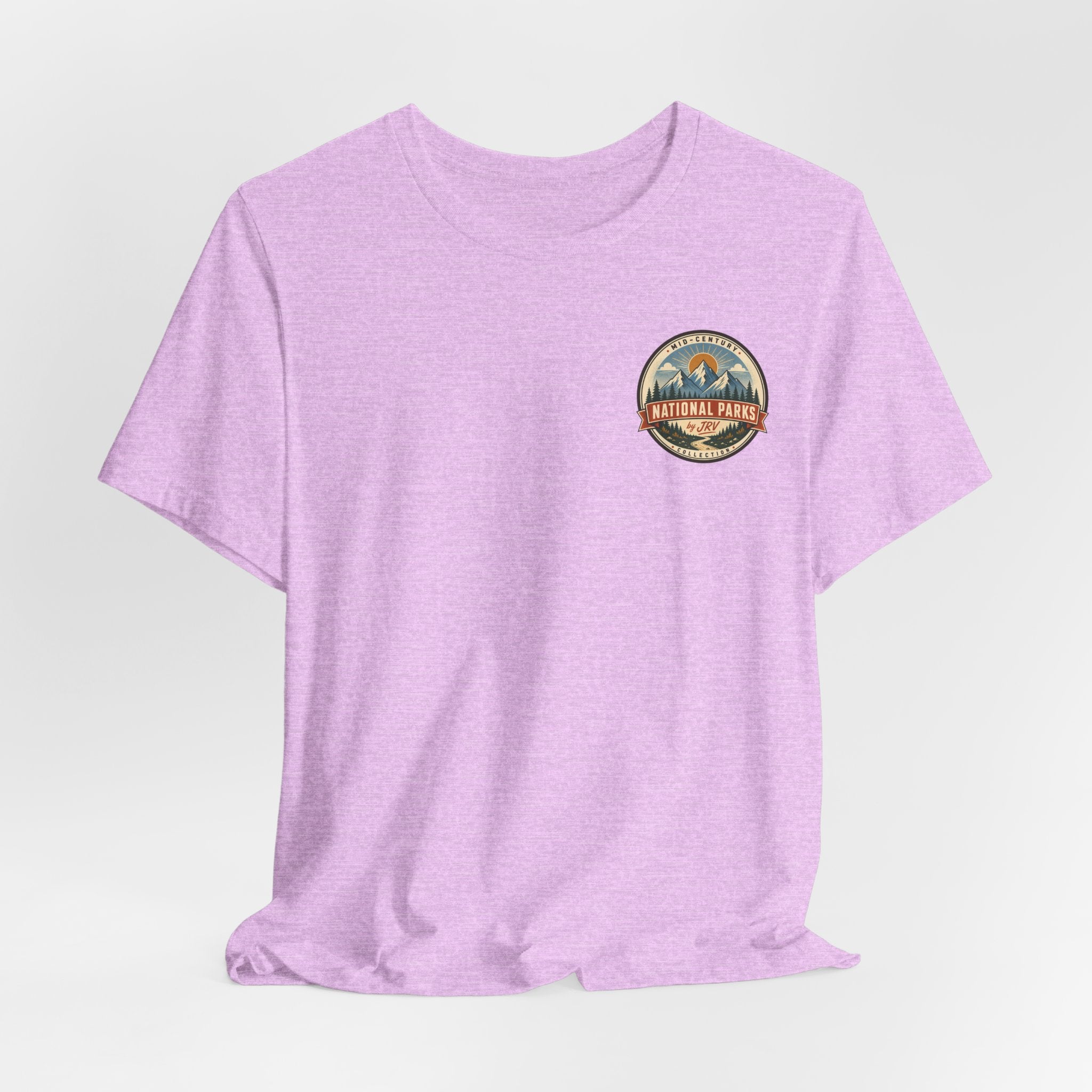 Light purple crewneck T-shirt with small circular National Park emblem on left chest