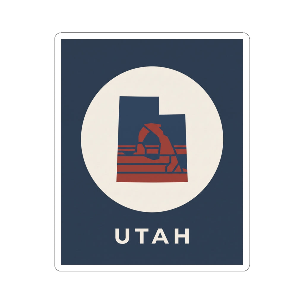Utah arch logo sticker: navy background, white circle, red arch graphic, and "UTAH"