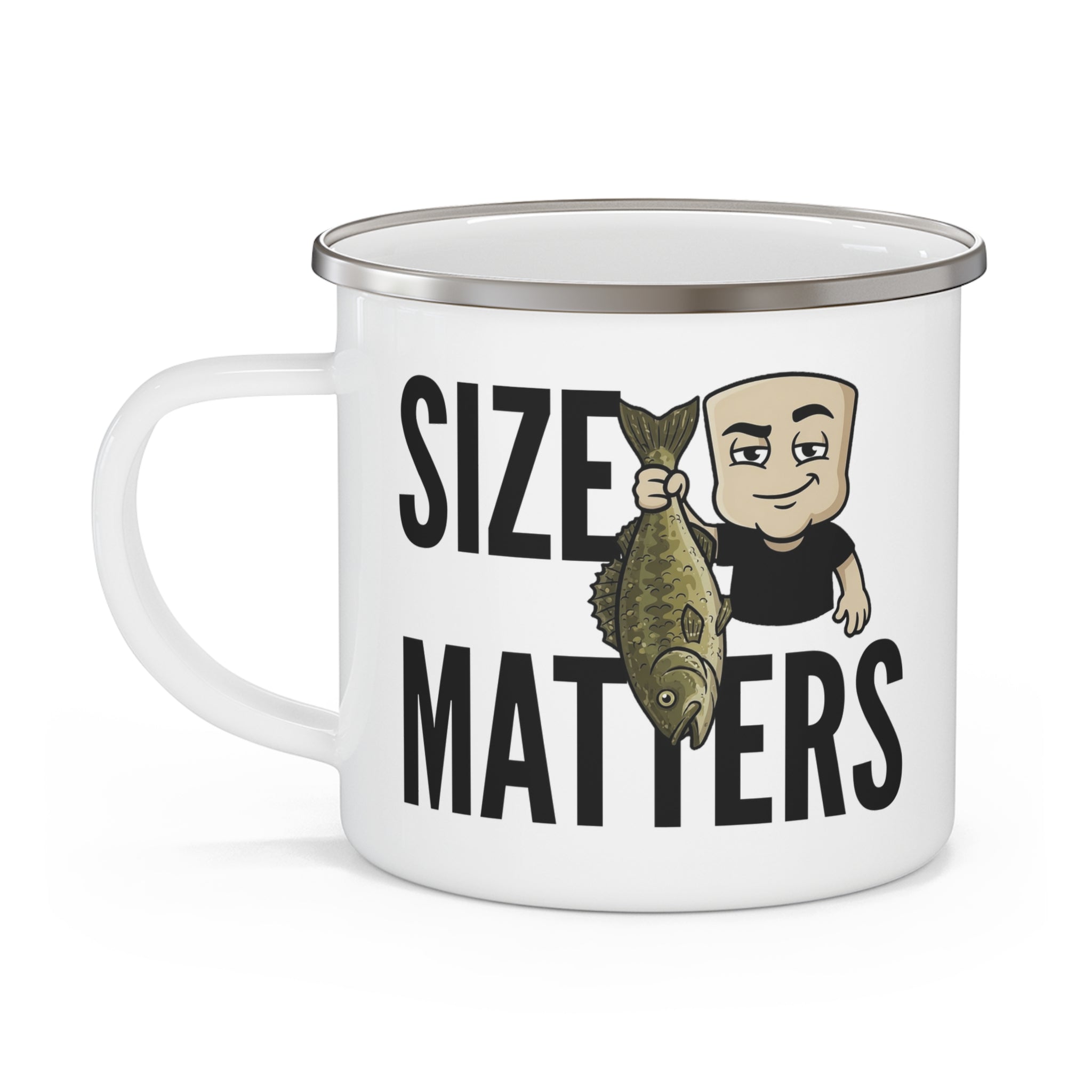Funny Fishing Mug Size Matters | Enamel Camping Mug for Fisherman | Cartoon Angler Coffee Cup | Gift for Dad | Funny Camping Fishing Gift